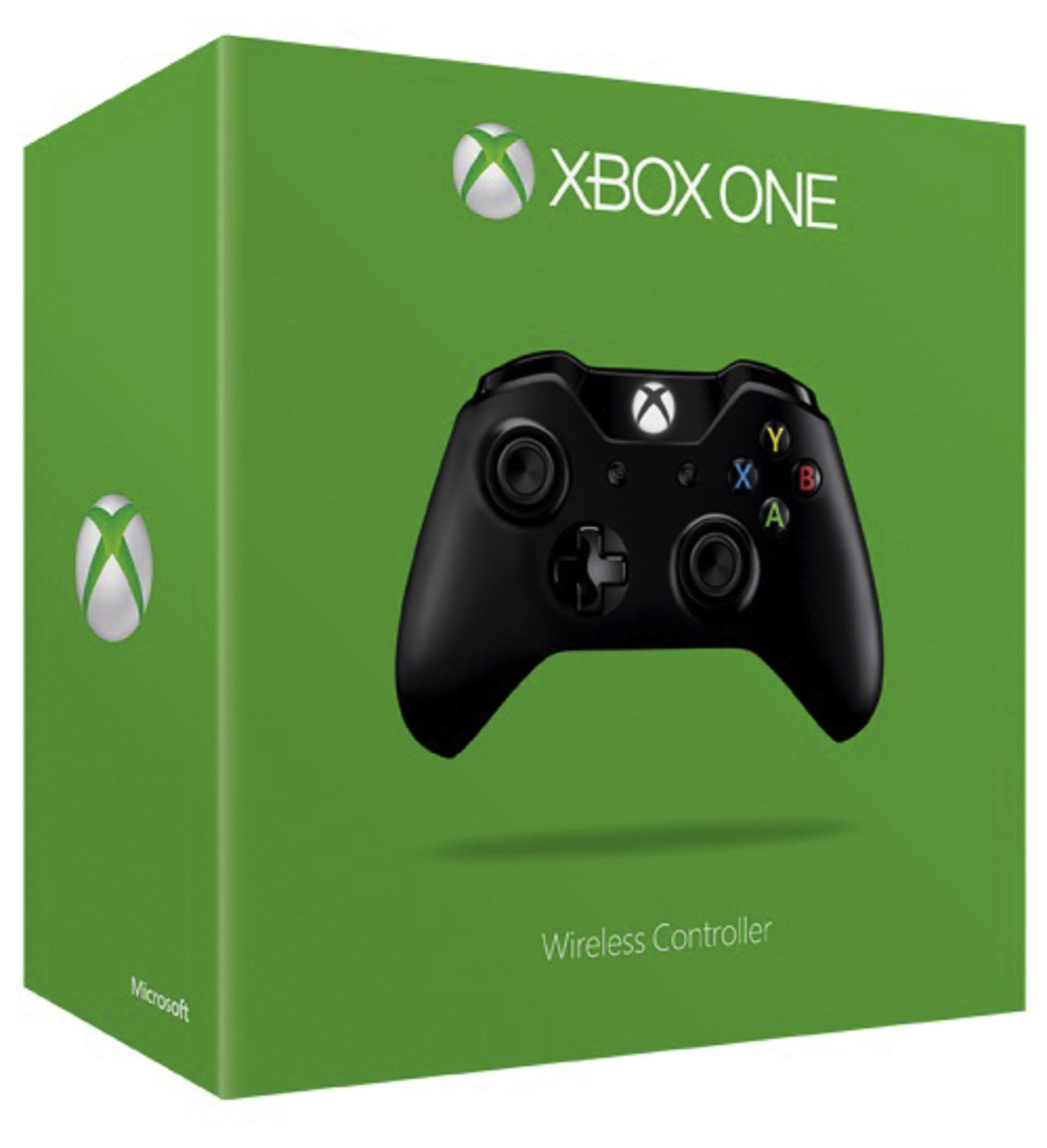 Xbox One Gamecontroller in grüner Box mit Xbox-Logo, auf weißem Hintergrund.