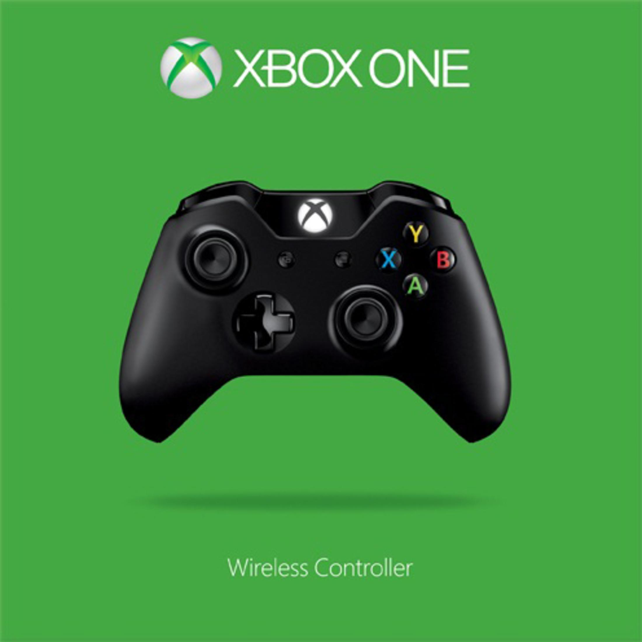 Ein kabelloser Xbox One Controller. Er ist schwarz, mit farbigen Knöpfen und dem Xbox-Logo auf grünem Hintergrund.
