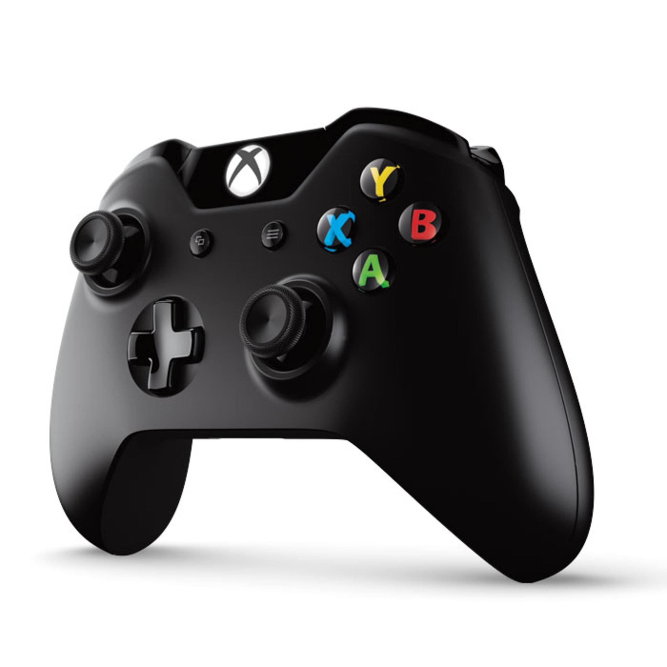 Schwarzer Xbox-Controller mit farbigen Tasten. Er hat zwei Joysticks, ein D-Pad und Tasten.