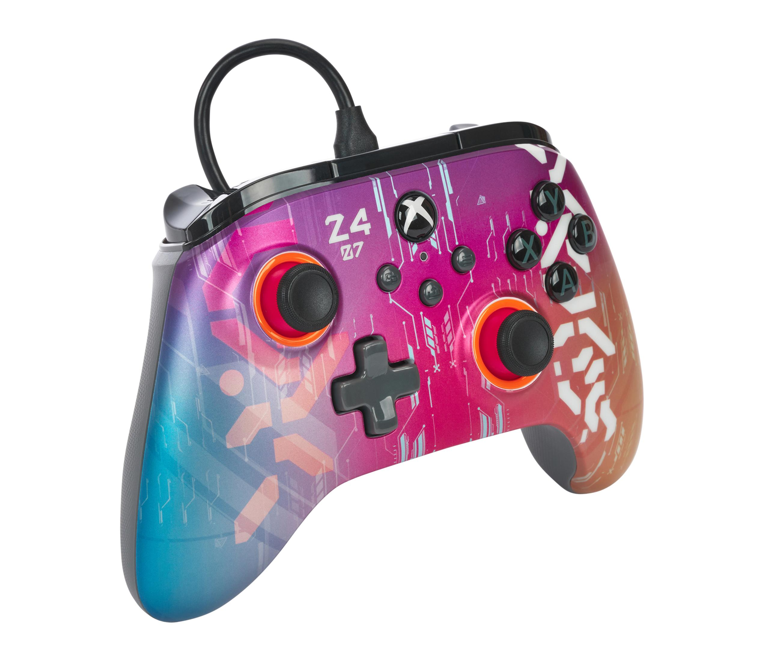 Kolorowy kontroler do gier z logo Xbox i różnymi przyciskami.