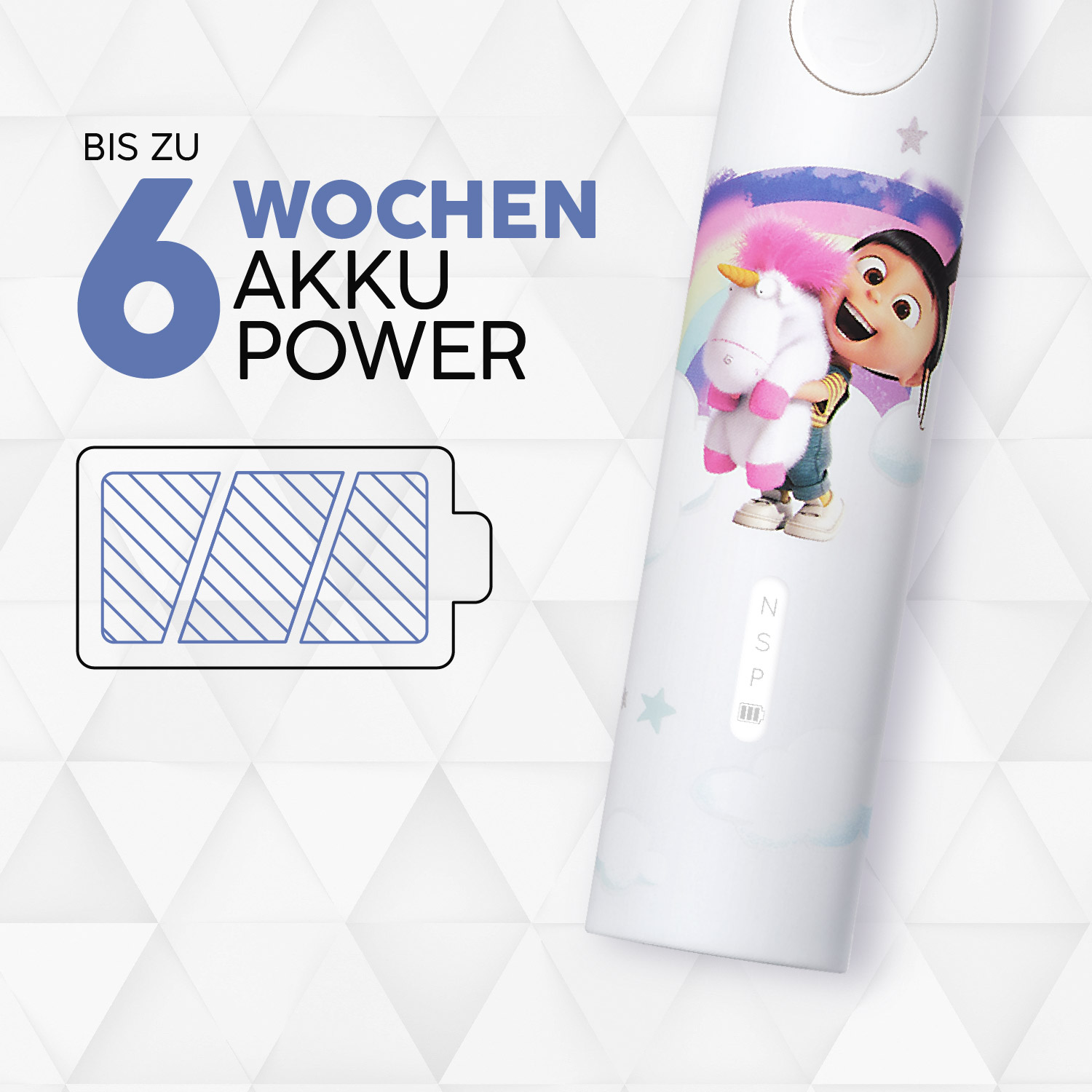Elektrische Zahnbürste mit Cartoon-Figur und Akkuanzeige. Text: Bis zu 6 Wochen Leistung.