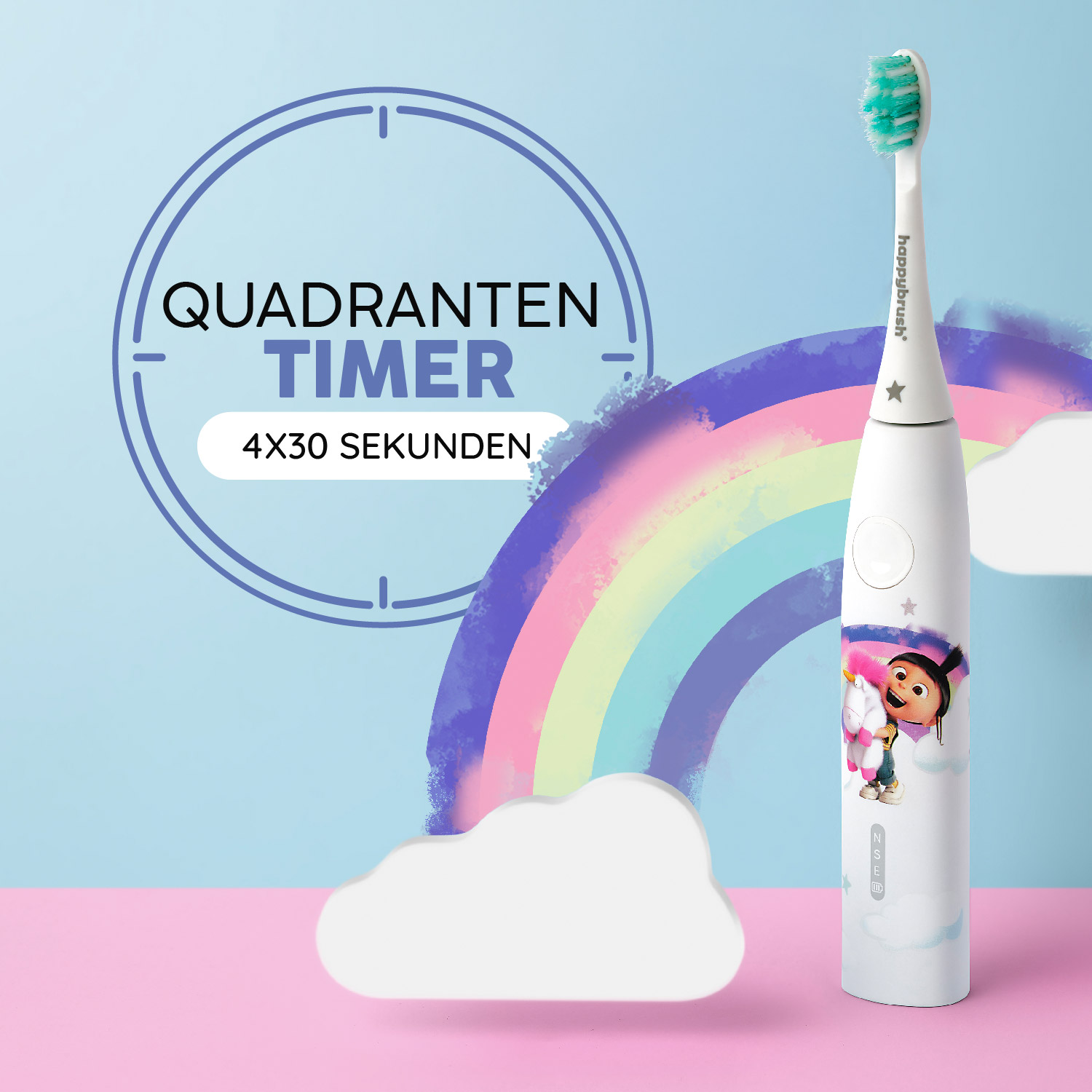 Eine weiße elektrische Zahnbürste mit Cartoonfigur, Regenbogen und Text auf blauem Hintergrund.