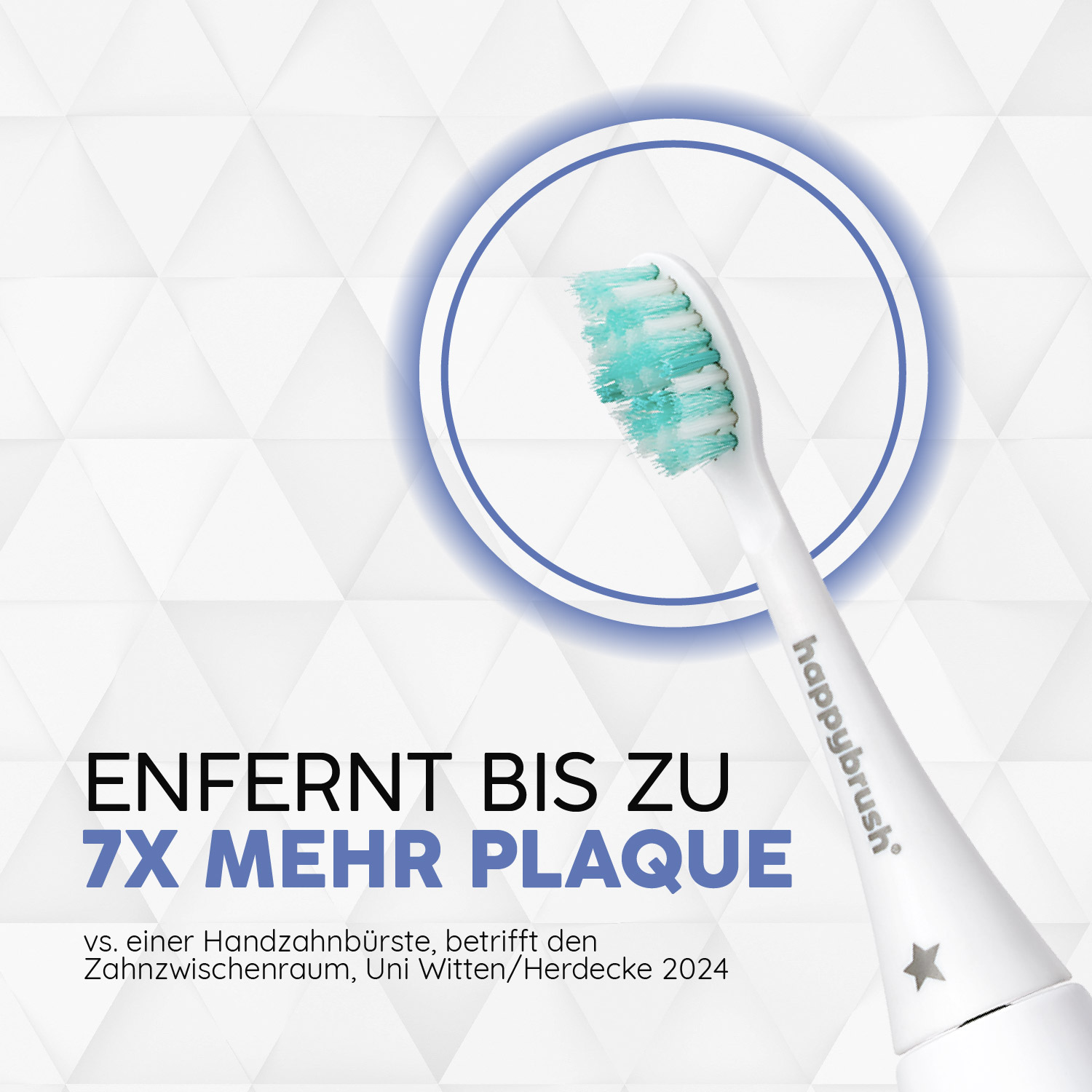 Nahaufnahme eines weißen elektrischen Zahnbürstenkopfes mit blauen und grünen Borsten.