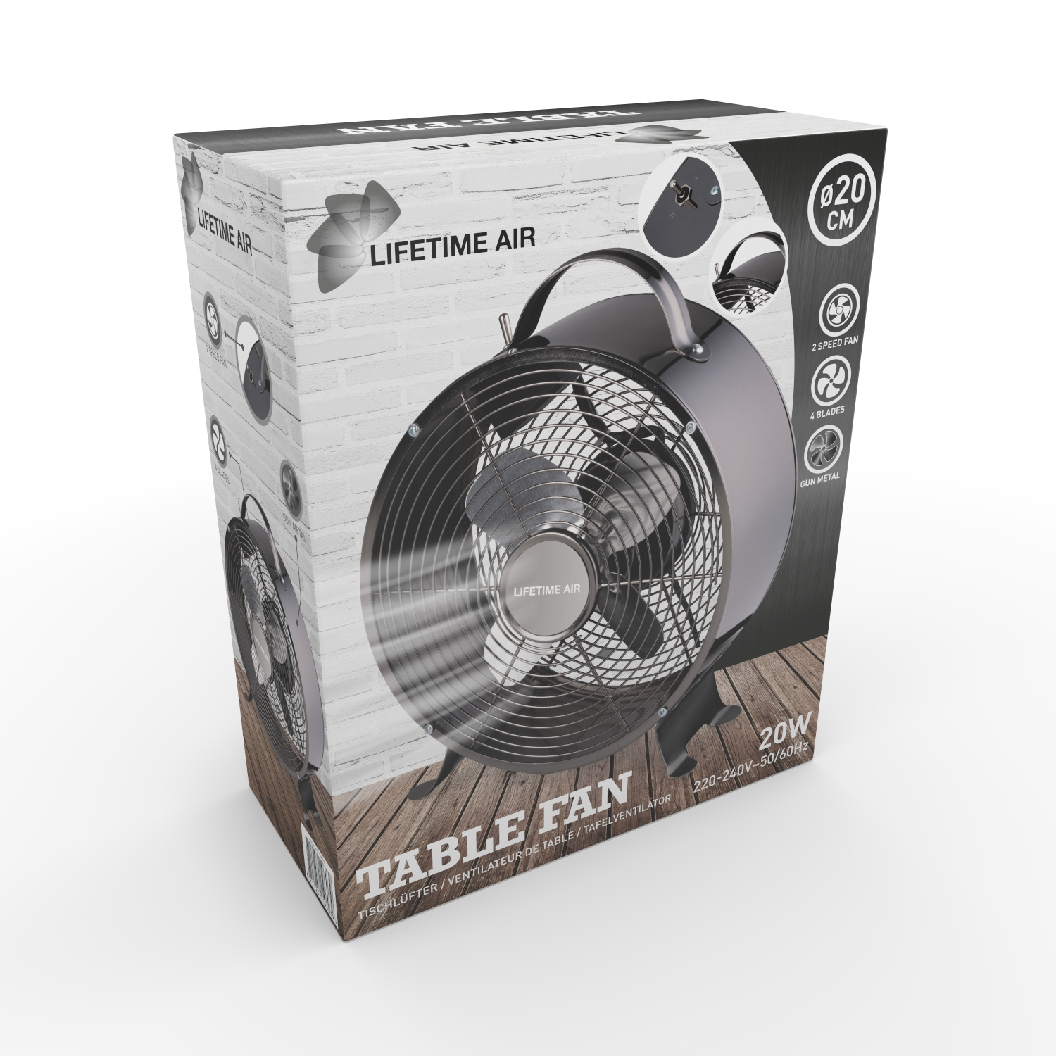 Un ventilateur de table dans une boîte, avec une étiquette indiquant Lifetime Air, sur une surface en bois.
