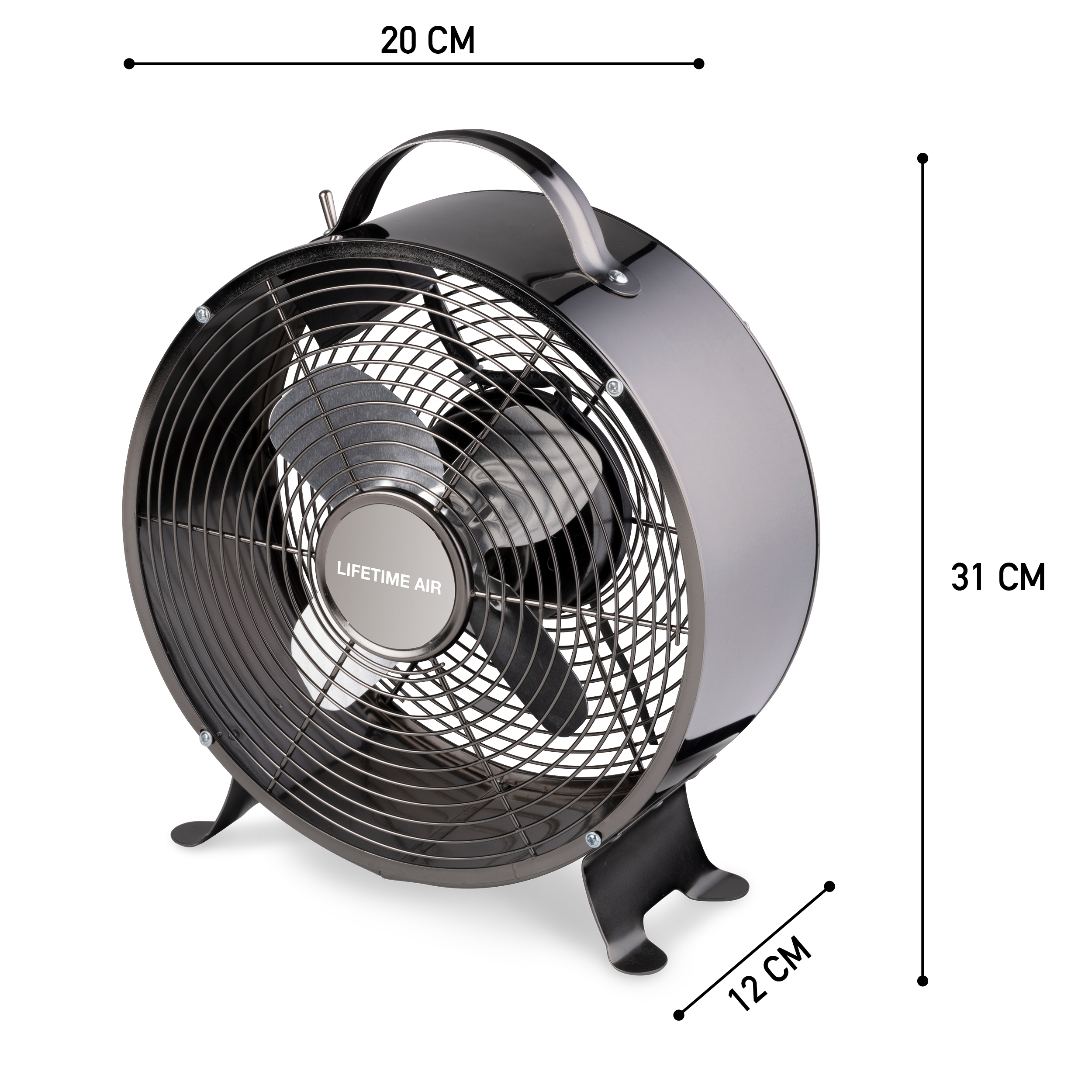 Ventilateur Lifetime Air noir. Il a une poignée et est sur une table. Les dimensions sont fournies en cm.