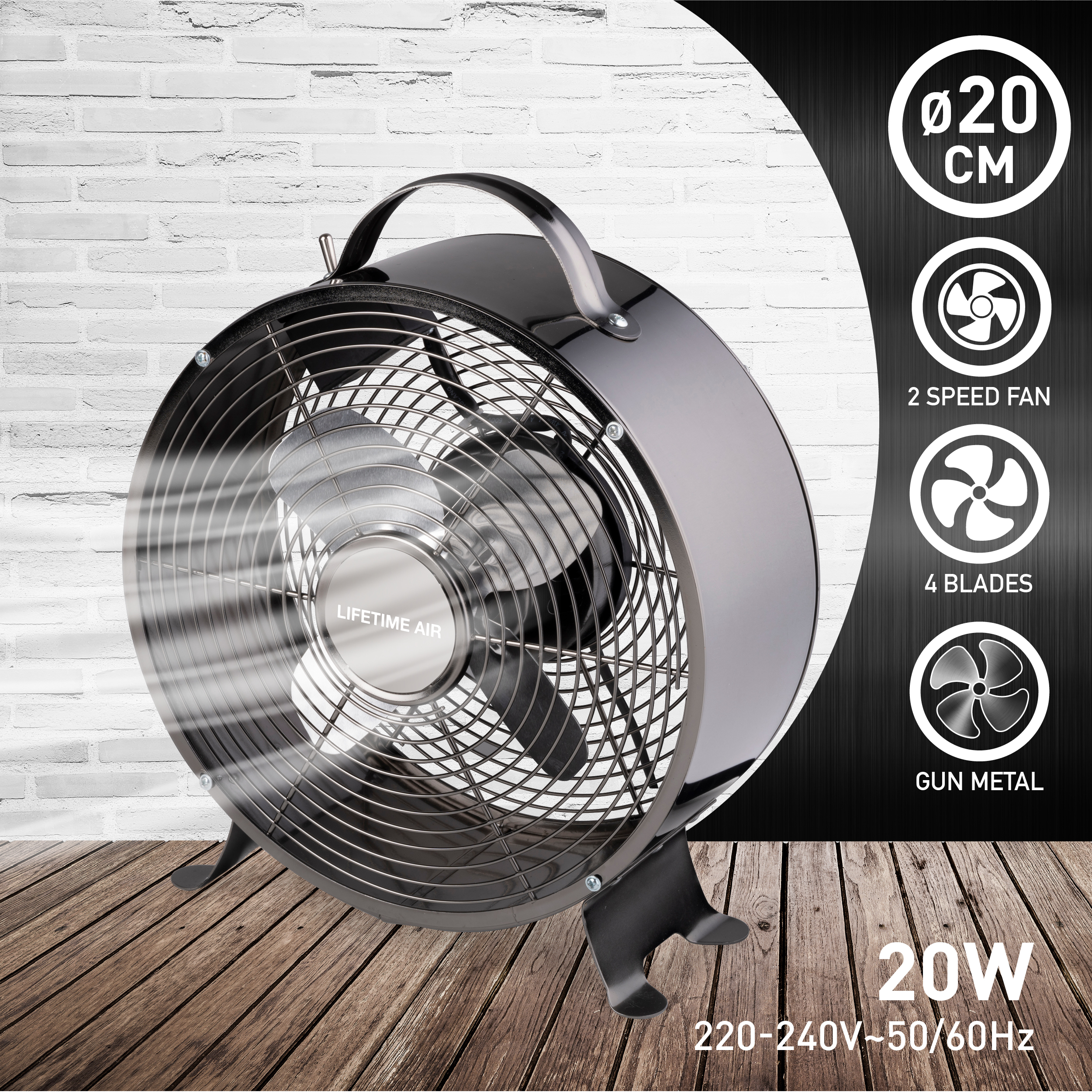 Ventilateur en métal noir avec quatre pales et une poignée.