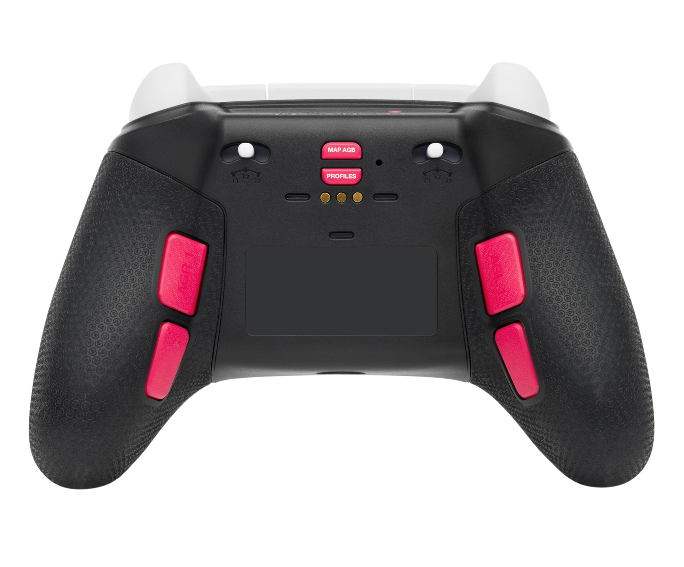 Tył czarno-białego kontrolera do gier z różowymi przyciskami. Posiada przyciski i centralny panel.