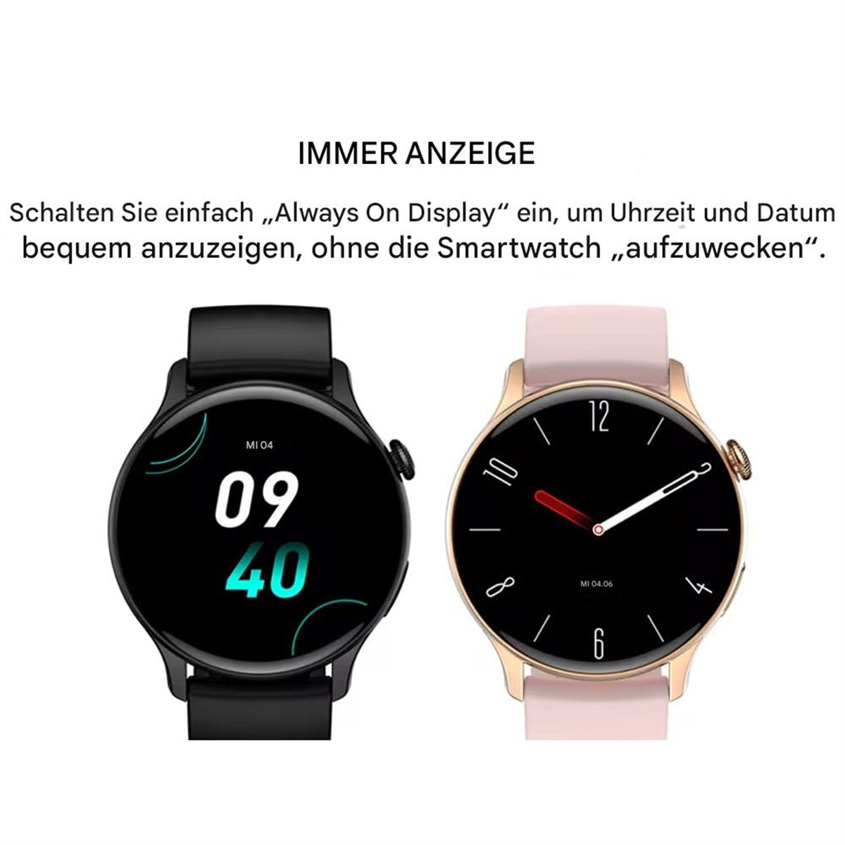 Zwei Smartwatches. Eine schwarz mit weißen Ziffern, die andere goldfarben mit pinkfarbenem Armband.