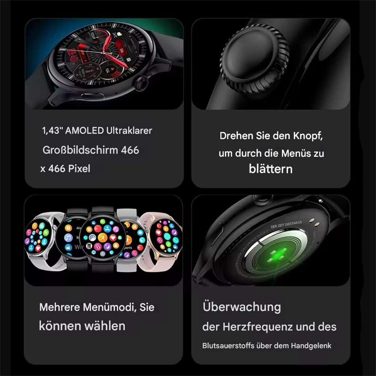 Bilder, die die Funktionen einer Smartwatch zeigen, einschließlich Bildschirm, Taste und Gesundheitsüberwachung.