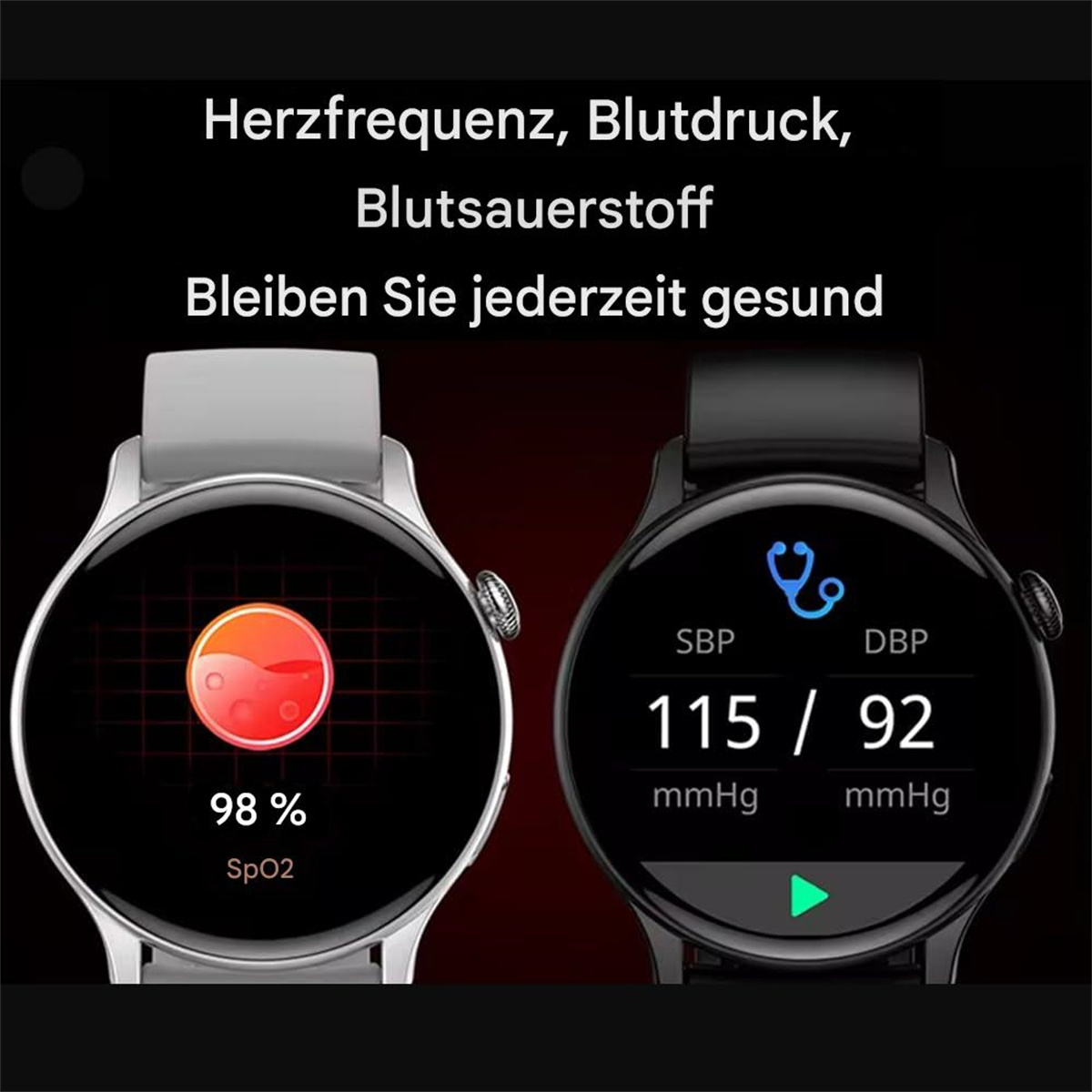 Zwei Smartwatches mit Gesundheitsmetriken: Herzfrequenz, SpO2 und Blutdruckmesswerte.