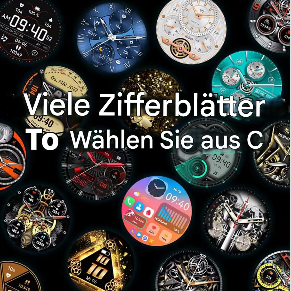 Mehrere Zifferblätter mit verschiedenen Stilen und Designs werden angezeigt.