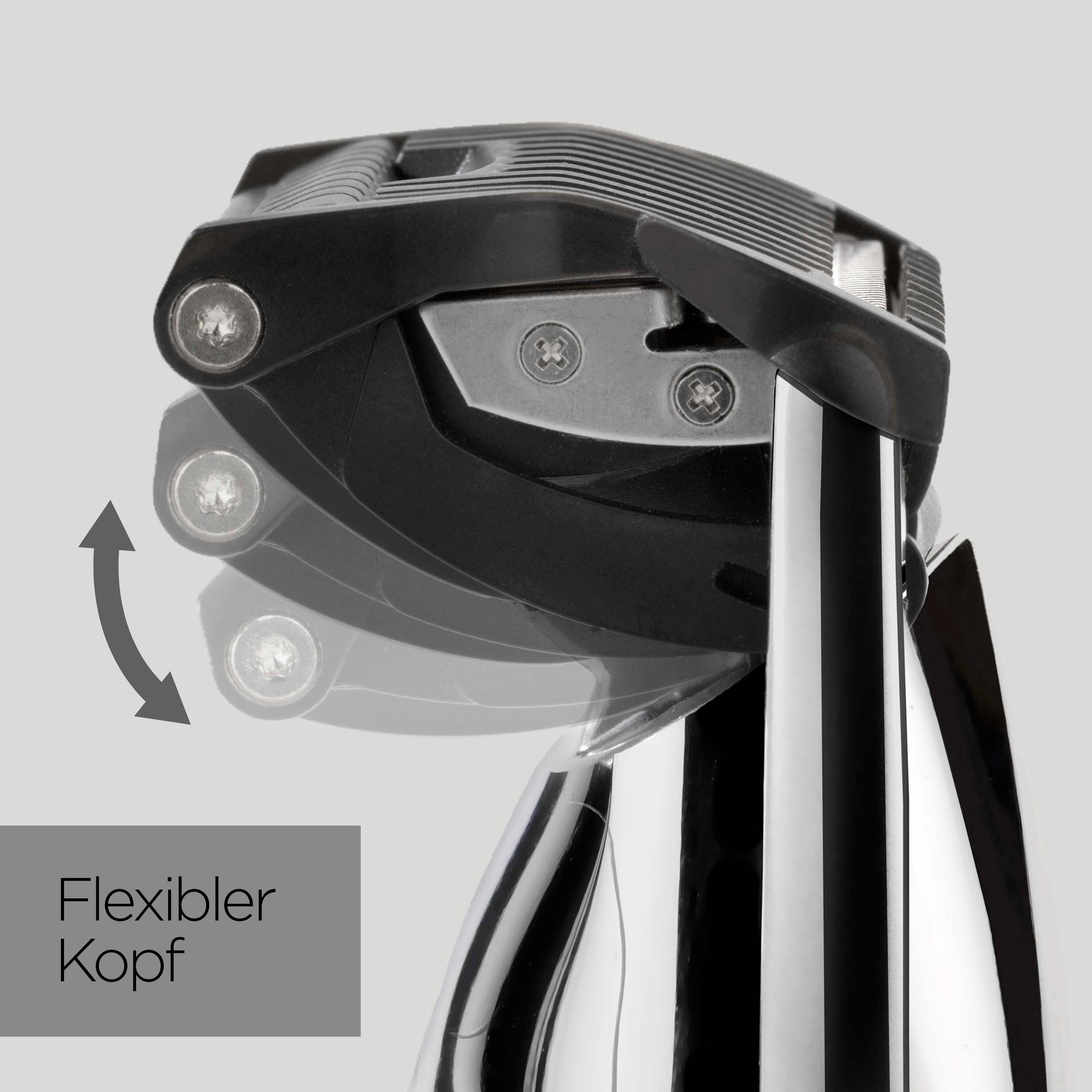 Nahaufnahme eines schwarzen und verchromten Elektrorasiererkopfes mit flexibler Kopffunktion.