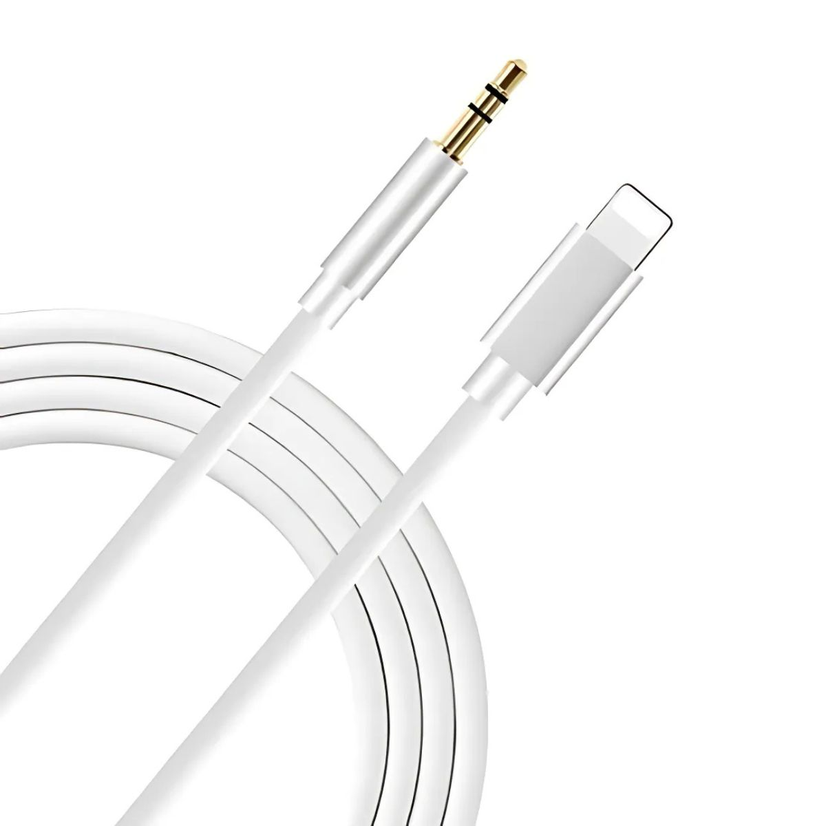 Biały kabel do ładowania z wtyczkami Lightning i 3,5 mm. Wyizolowany na białym tle.