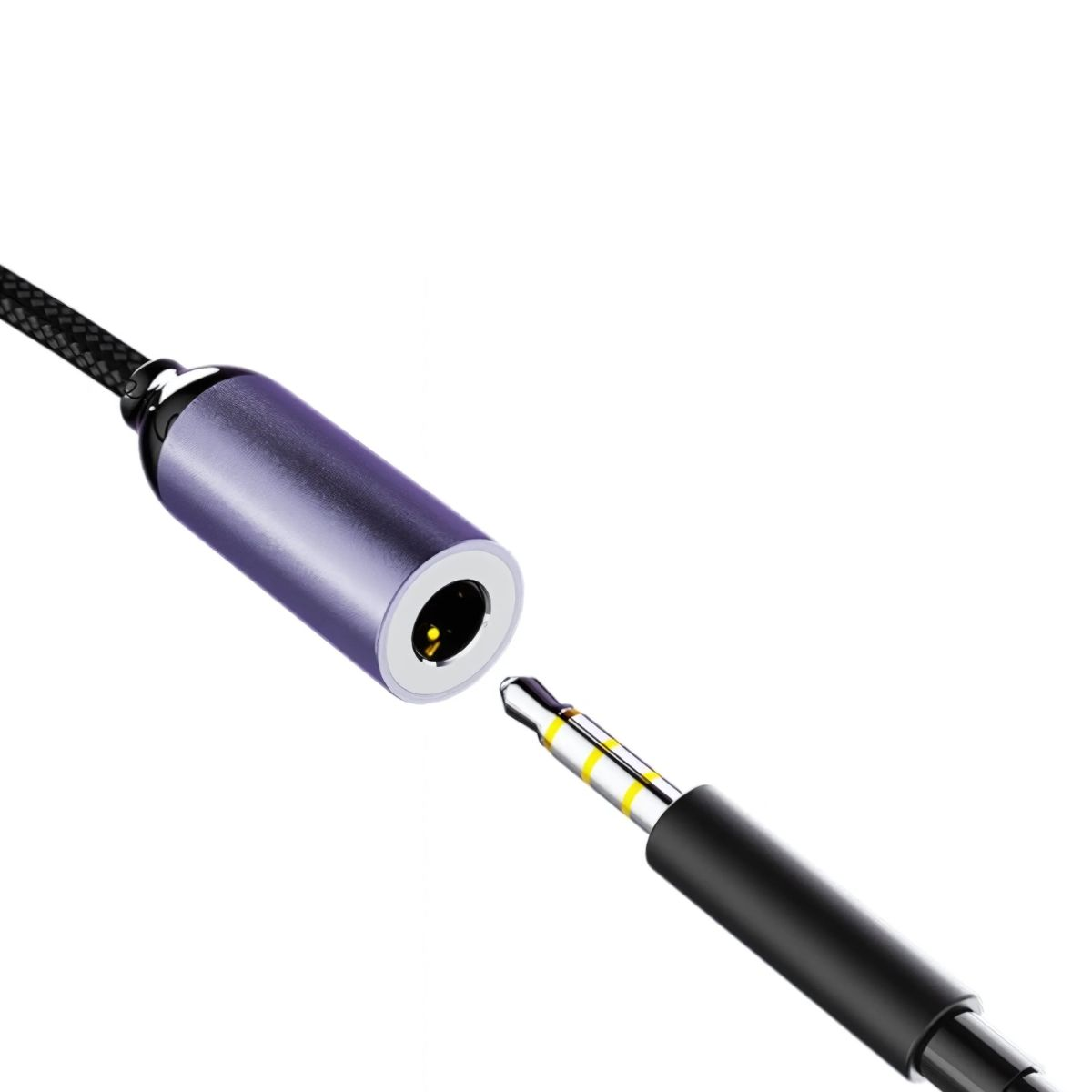 Kabel z czarną wtyczką i fioletowym złączem. Złącze ma żółty pierścień.