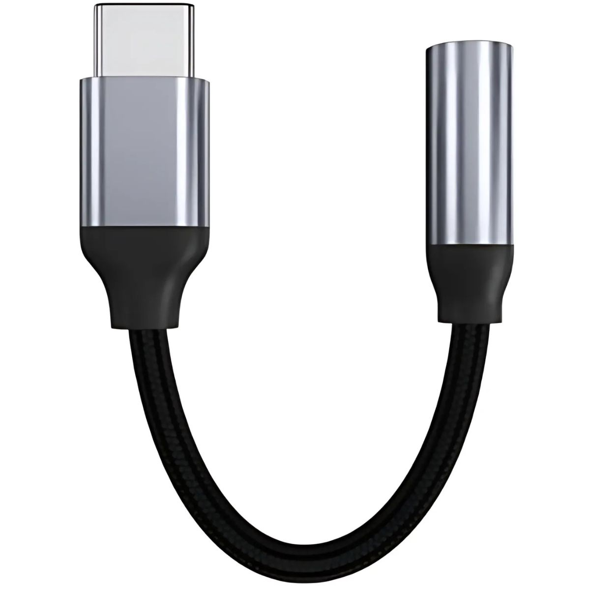 Kabel adaptera audio USB-C do 3,5 mm ze srebrno-czarnym designem.