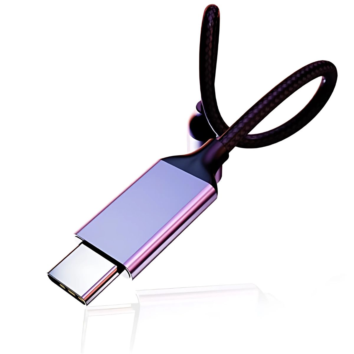 Kabel USB-C ze srebrnym złączem i czarnym plecionym kablem.