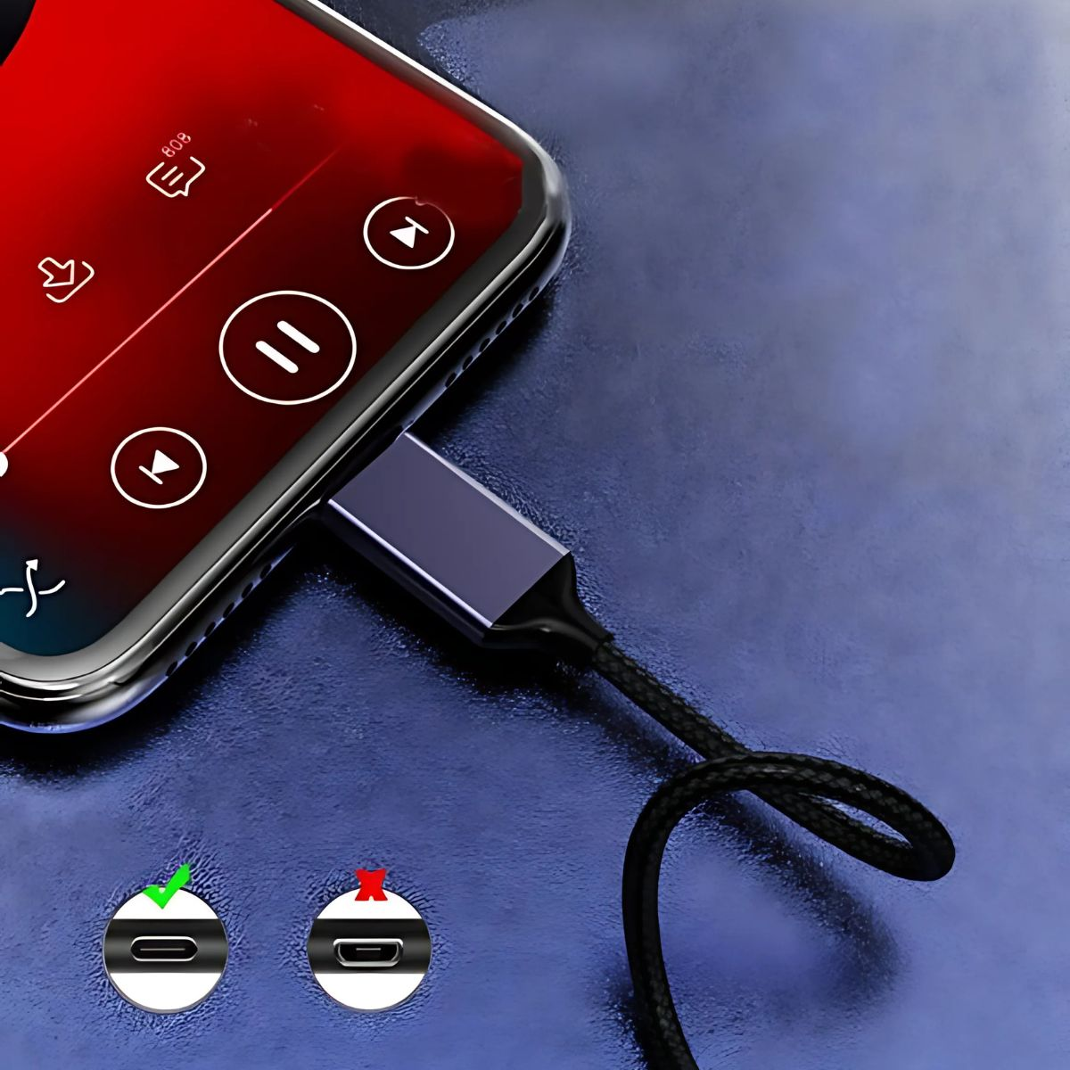 Smartfon z podłączonym czarnym kablem. Ekran pokazuje aplikację muzyczną.