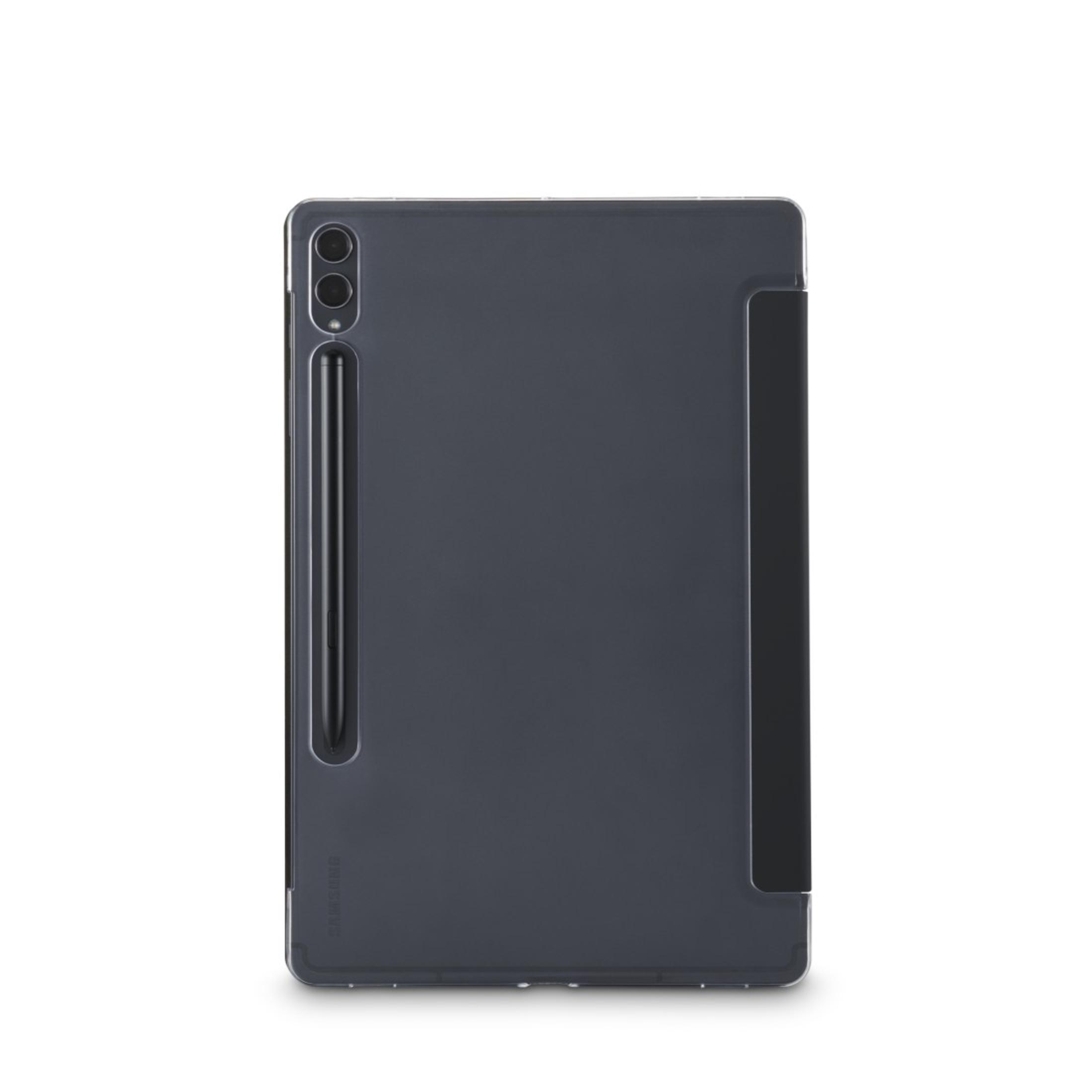 Szary tablet z czarnym etui, rysikiem i czarną, dołączoną osłoną.