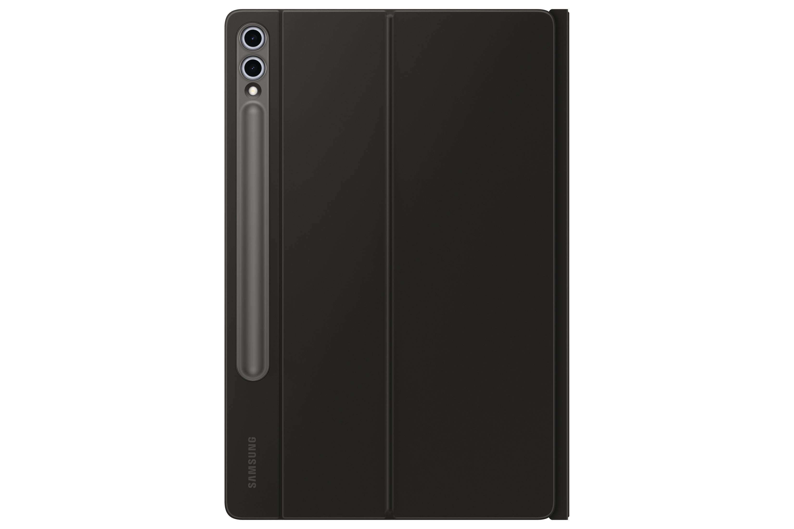 Étui noir pour tablette Samsung, fermé. Montre le support du S-Pen et la découpe de la caméra.