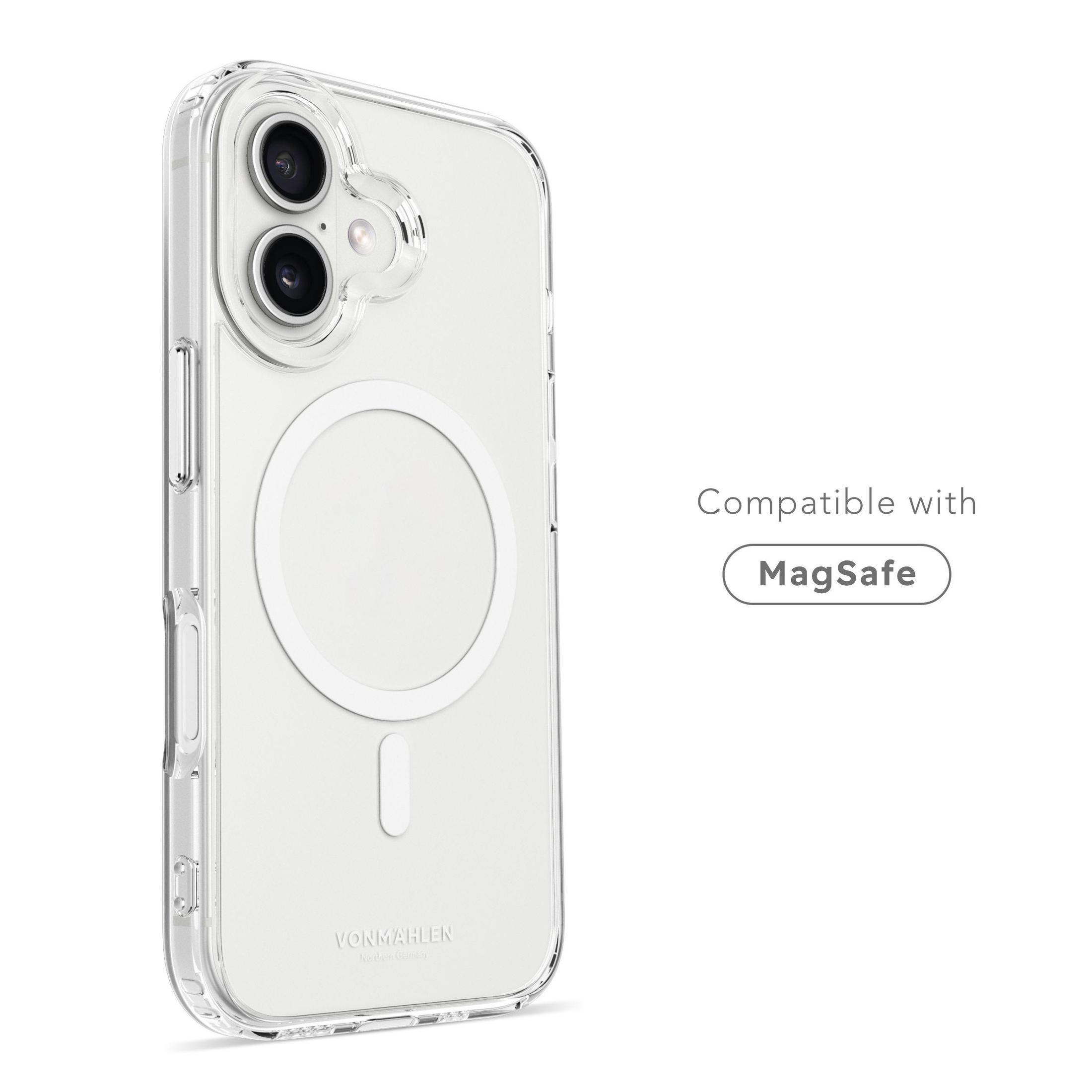Coque transparente pour iPhone avec cercle MagSafe et téléphone à l'intérieur, sur fond blanc.
