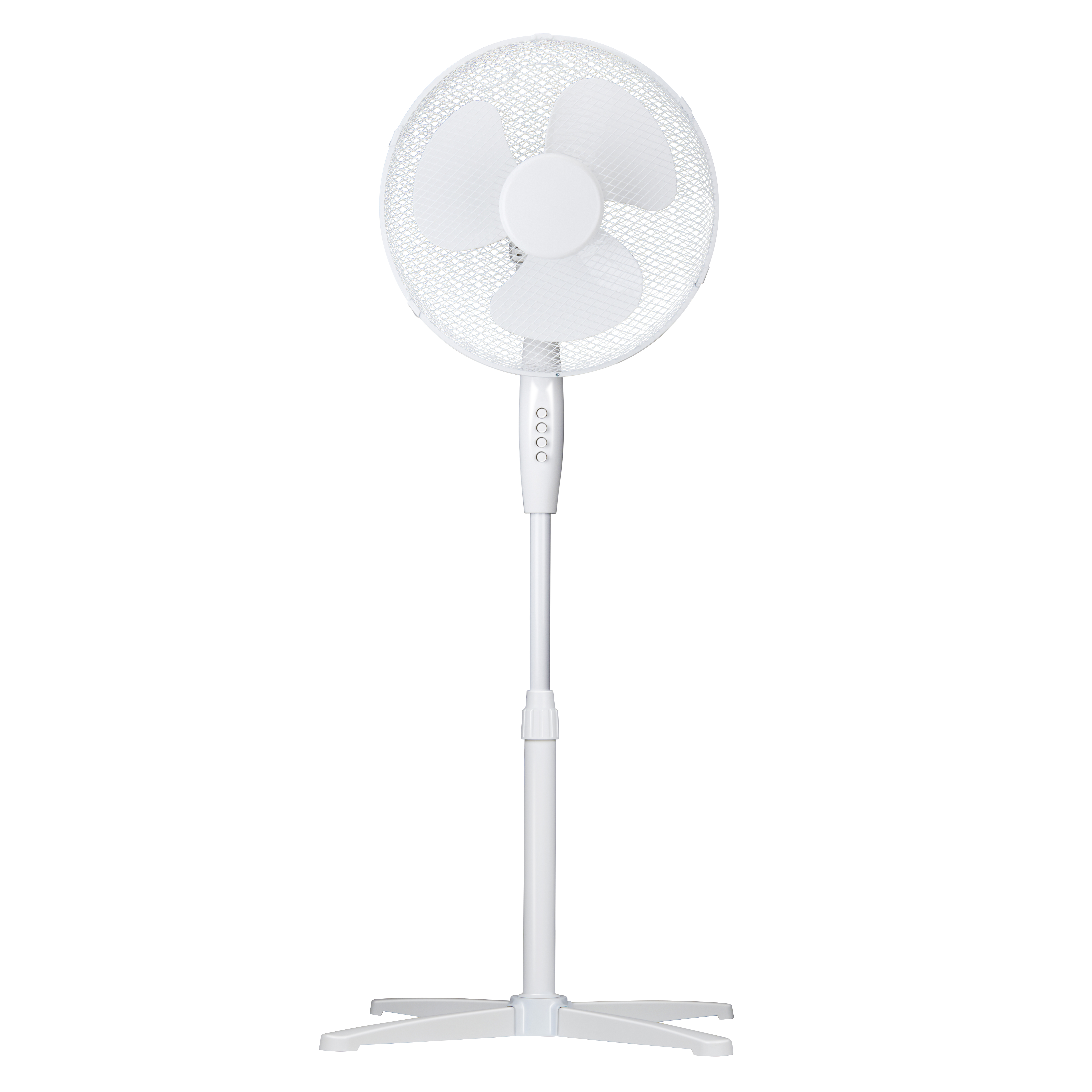 Weißer elektrischer Ventilator auf einem weißen Ständer. Er hat einen runden Kopf mit drei Flügeln, isoliert auf Weiß.