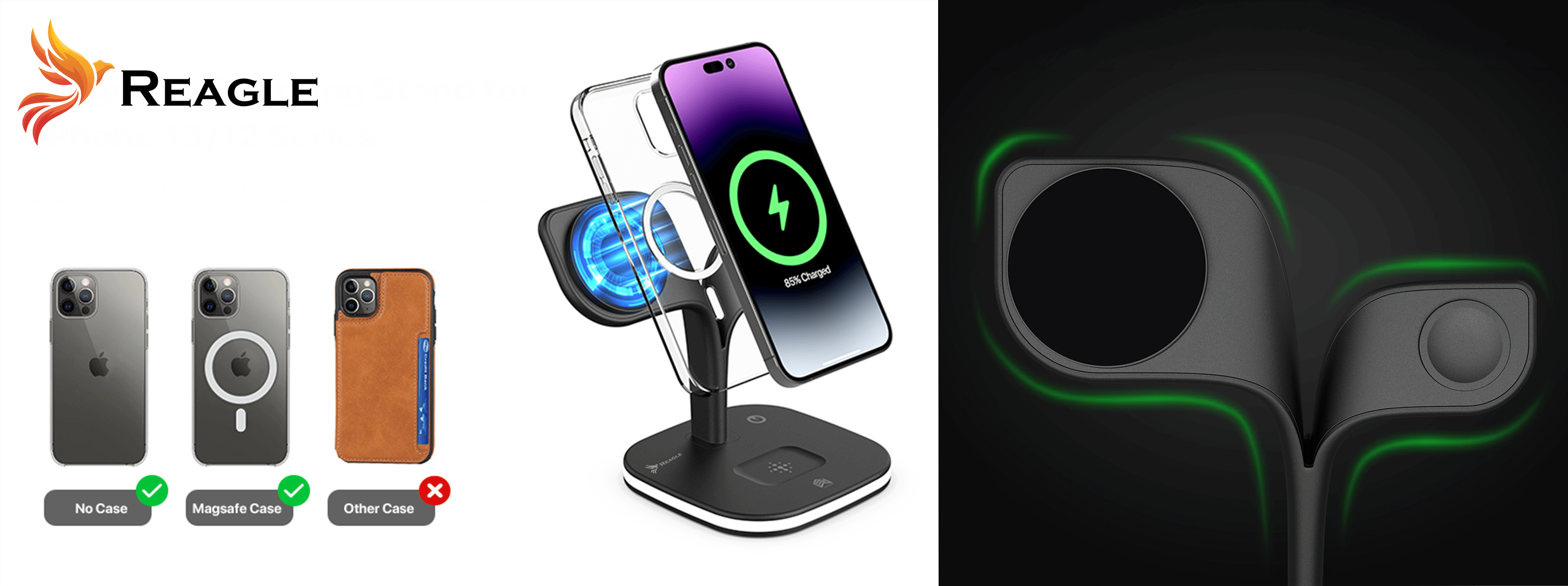 Stacja ładująca do telefonu z telefonem i etui. Marka Reagle. Opcje: bez etui, MagSafe i inne etui.