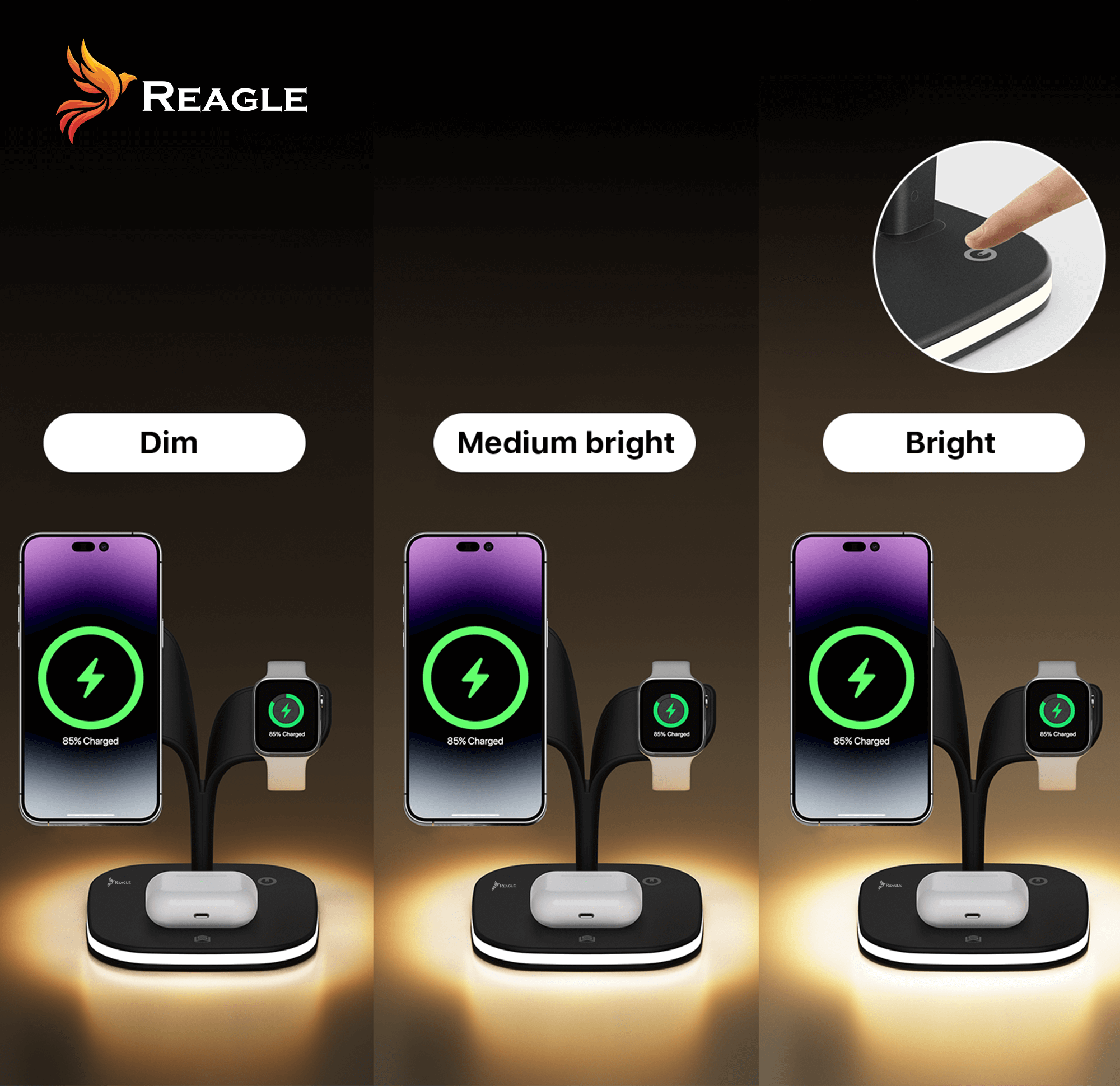 Trzy stacje ładujące, każda z telefonem, zegarkiem i słuchawkami. Różne poziomy jasności.