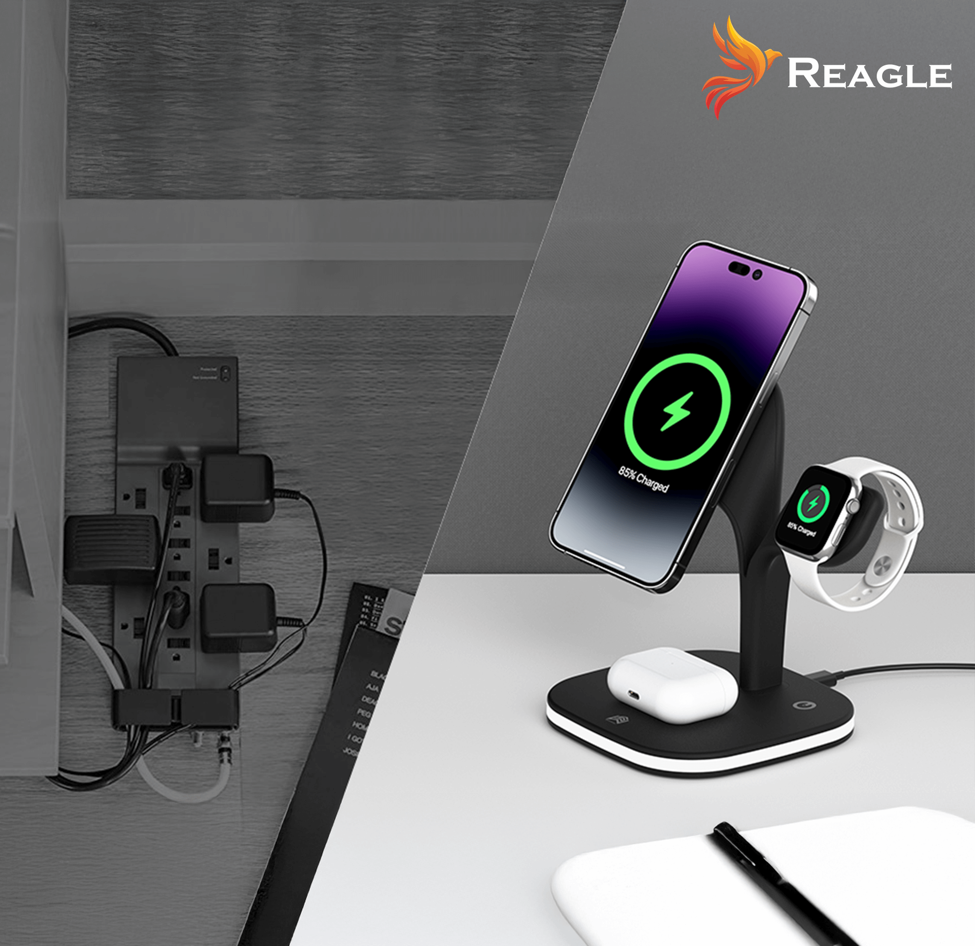 Stacja ładująca z telefonem i zegarkiem. Tło z gniazdkiem elektrycznym.