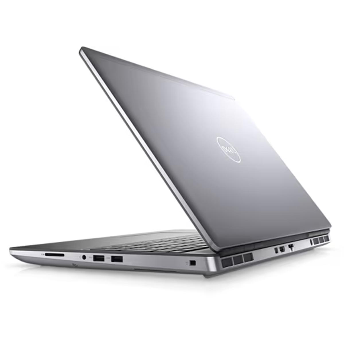 Srebrny laptop, otwarty, widok pod kątem. Widoczne logo Dell.