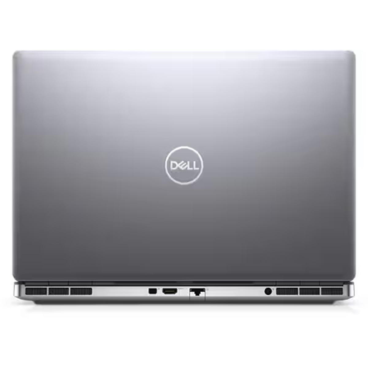 Srebrny laptop firmy Dell z logo Dell na środku.