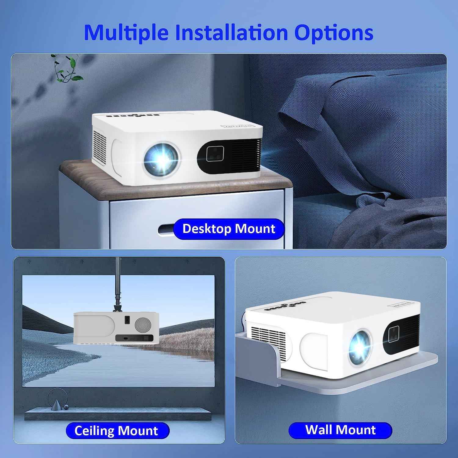 Biały projektor pokazany w konfiguracjach montażu na biurku, suficie i ścianie.