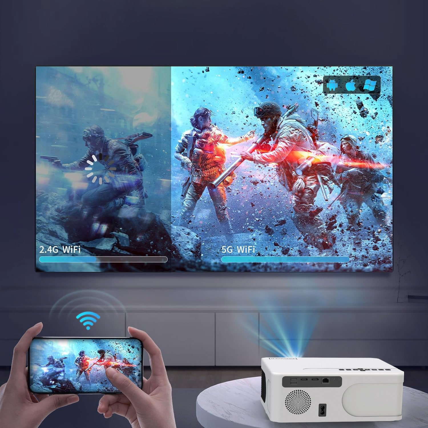 Projektor wyświetlający scenę z gry, telefon wyświetlający tę samą scenę. Tekst: 2.4G WiFi i 5G WiFi, ikony Android i Windows.