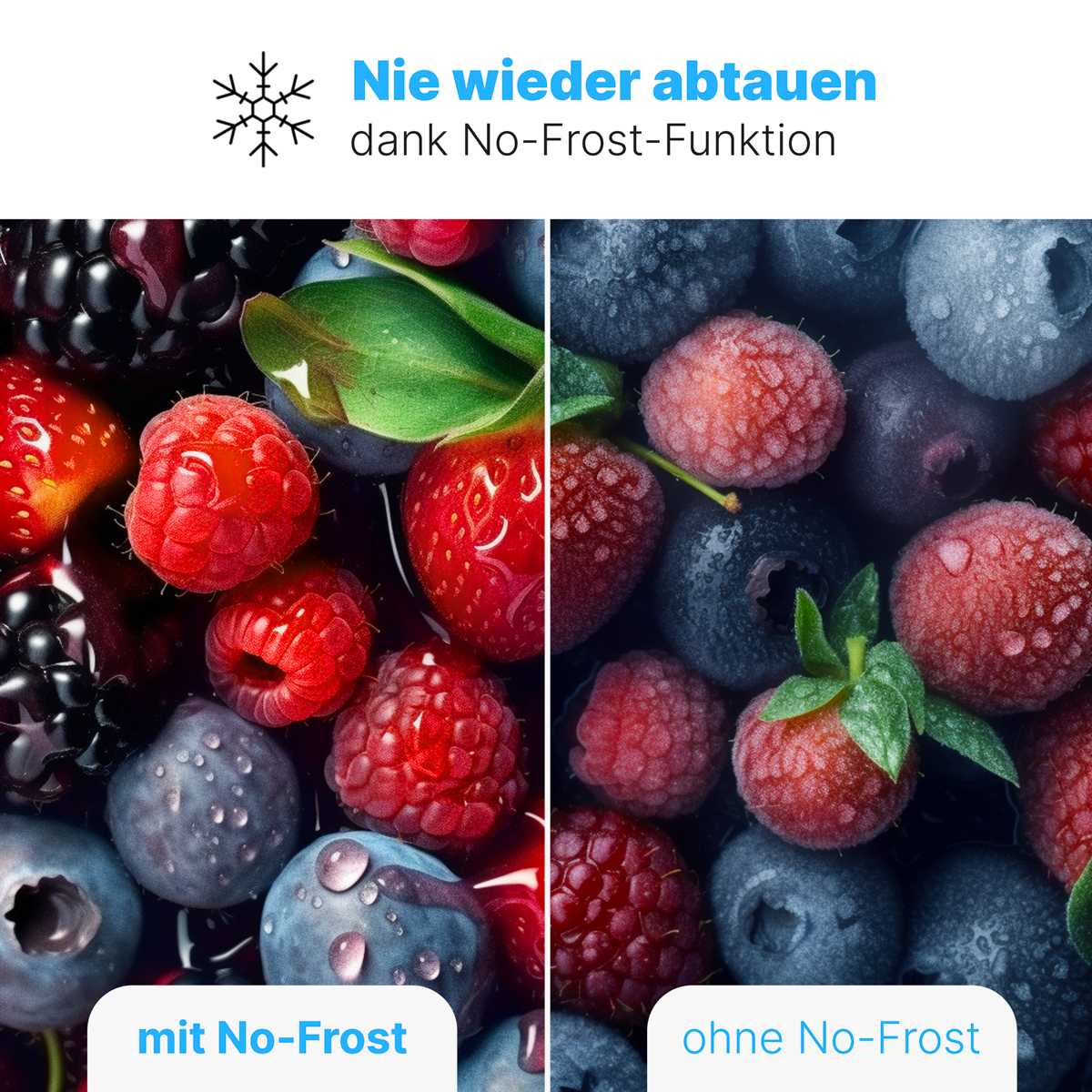 Ein geteiltes Bild mit Beeren. Eine Seite zeigt Beeren mit Frost, die andere ohne Frost.