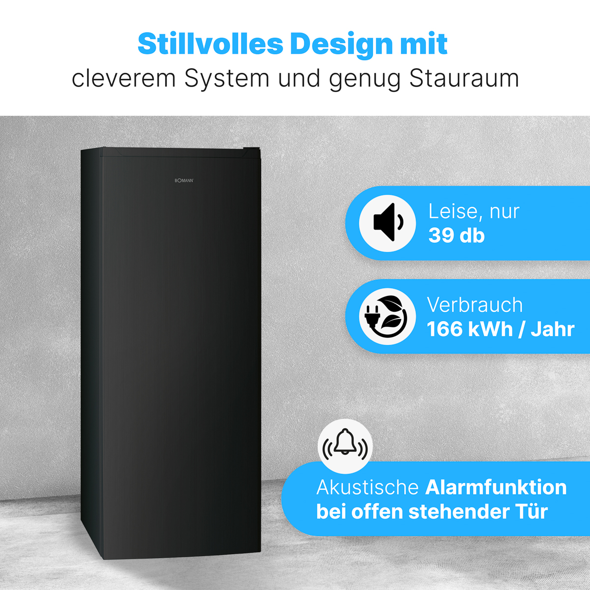 Ein schwarzer Kühlschrank mit weißem Hintergrund, mit Text über seine Funktionen.