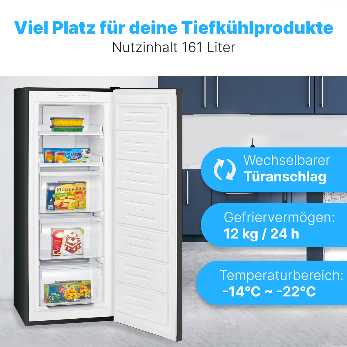 Weißer Gefrierschrank mit Essen darin, offen. Text an der Seite: Wechselbarer Türanschlag, Gefriervermögen, Temperaturbereich.