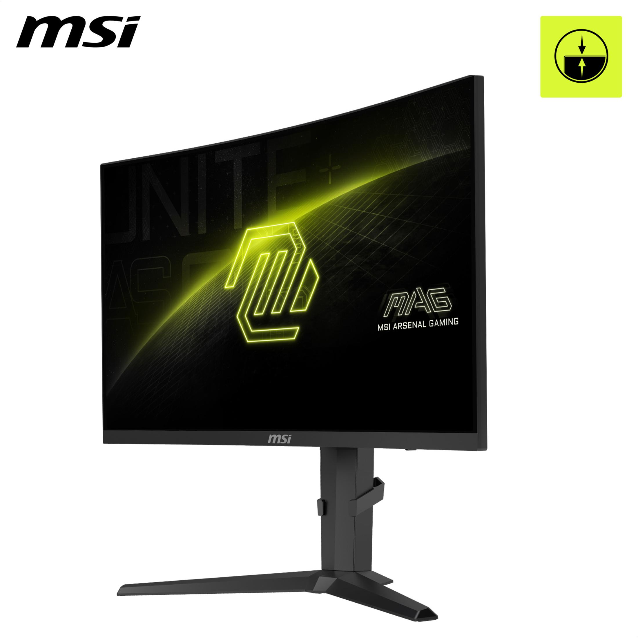 MSI Curved Gaming Monitor. Bildschirm zeigt Logo. Schwarzer Ständer und Sockel. Gelbes Logo in der Ecke.