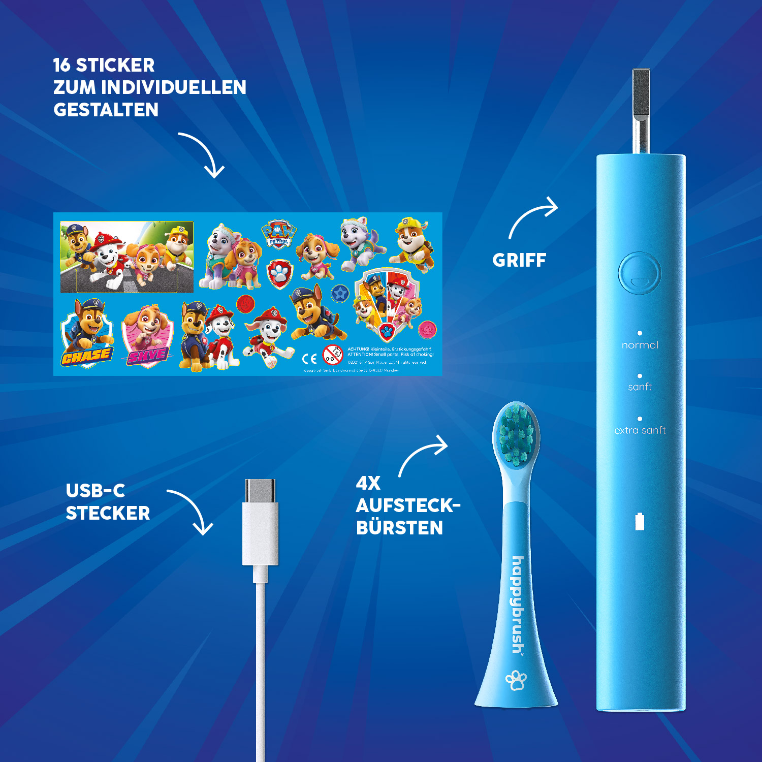 Un cepillo de dientes eléctrico azul con pegatinas, un cable de carga y 4 cabezales de repuesto.