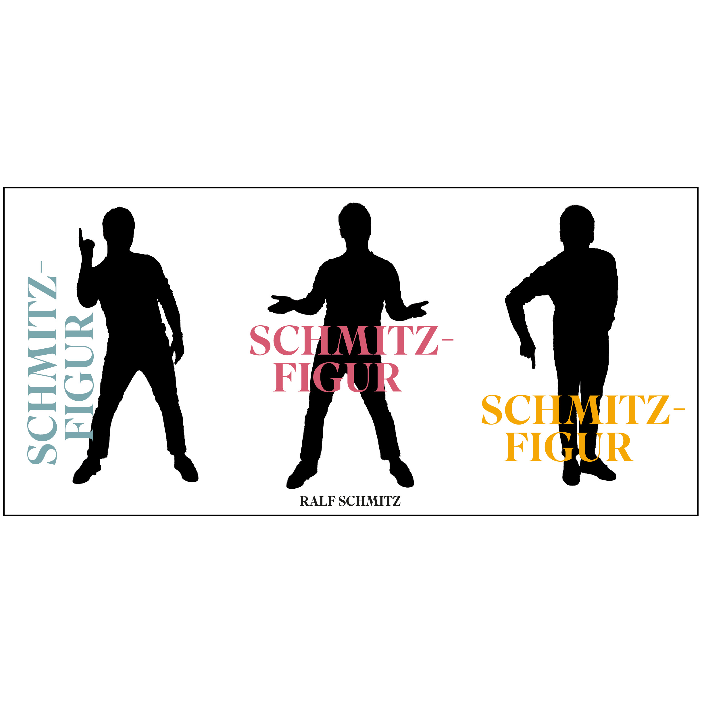 Drei schwarze Silhouette-Figuren in verschiedenen Posen mit farbigem Text.