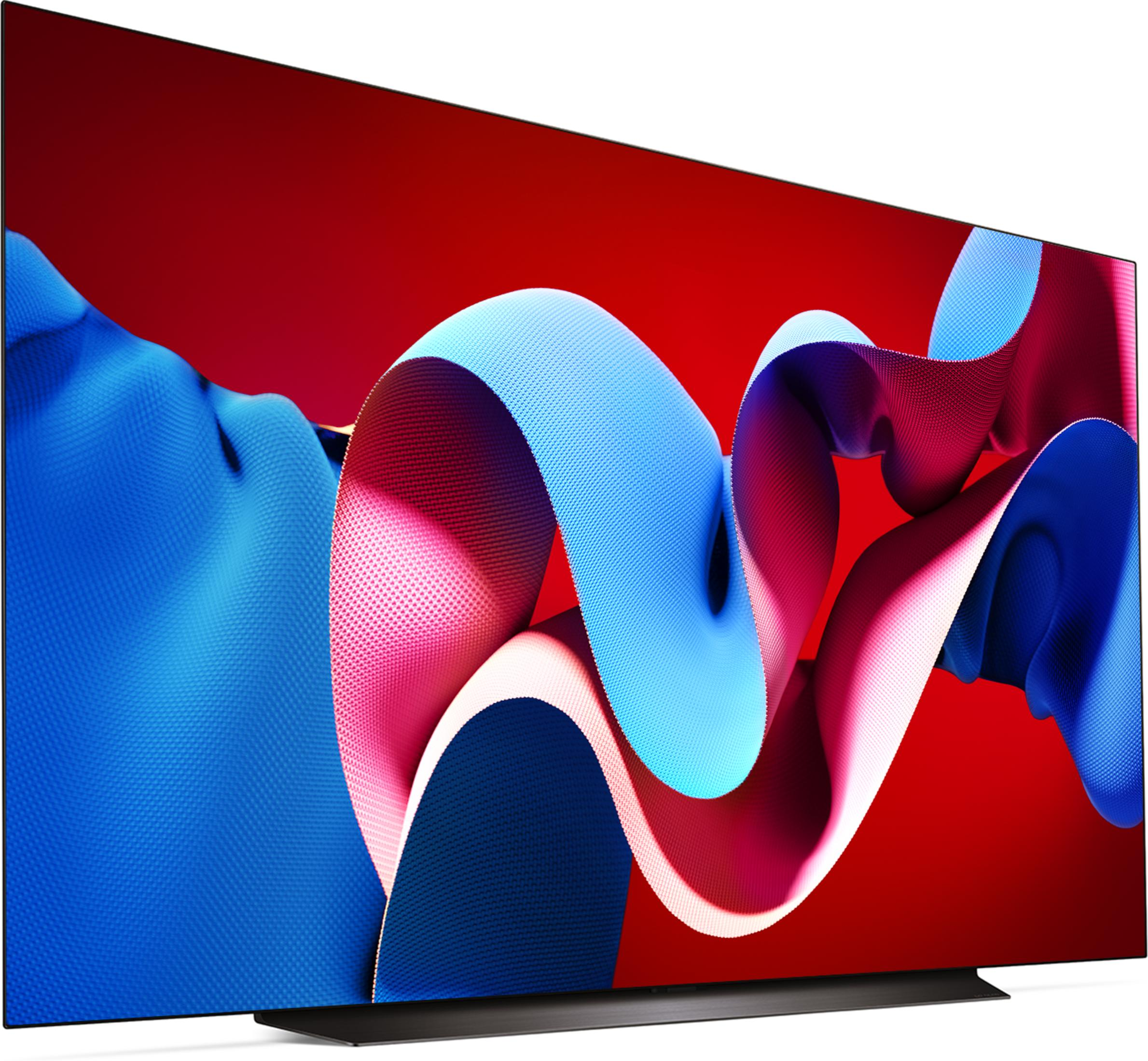 Moderner Fernseher mit abstraktem Design, rot und blau, auf einem schwarzen Ständer.
