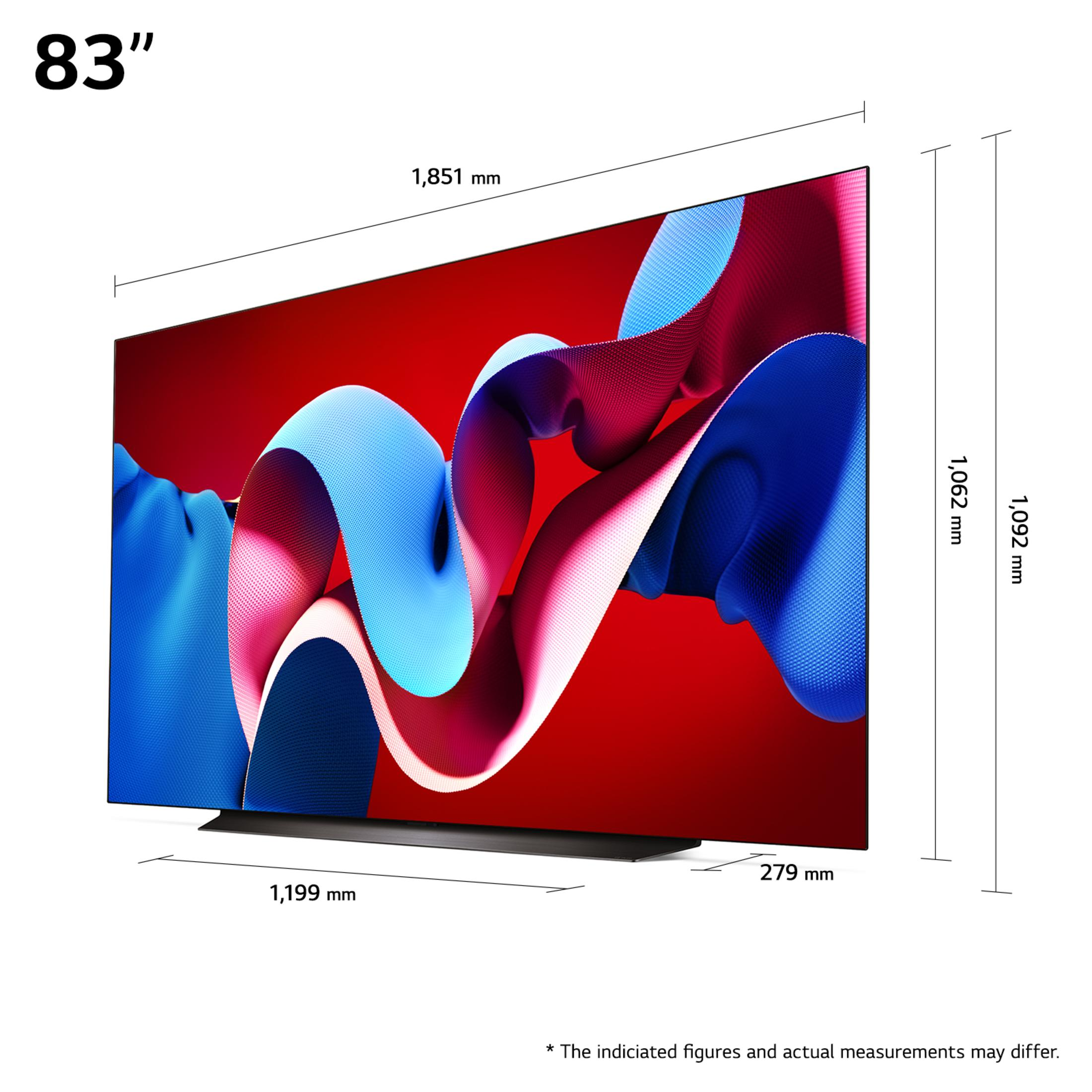 Ein 83" Fernseher auf einem Ständer mit rotem und blauem abstraktem Hintergrund. Abmessungen sind gezeigt.