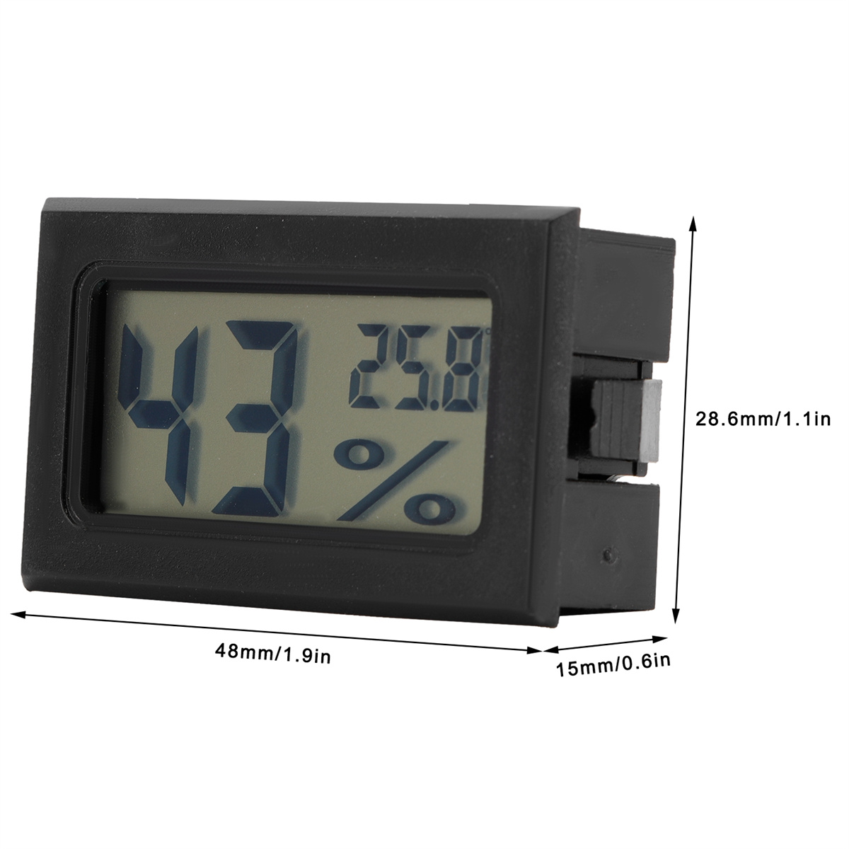 Ein schwarzes digitales Thermometer, das 43 % und 25,8 % anzeigt, mit Abmessungen. Schwarzer Hintergrund.
