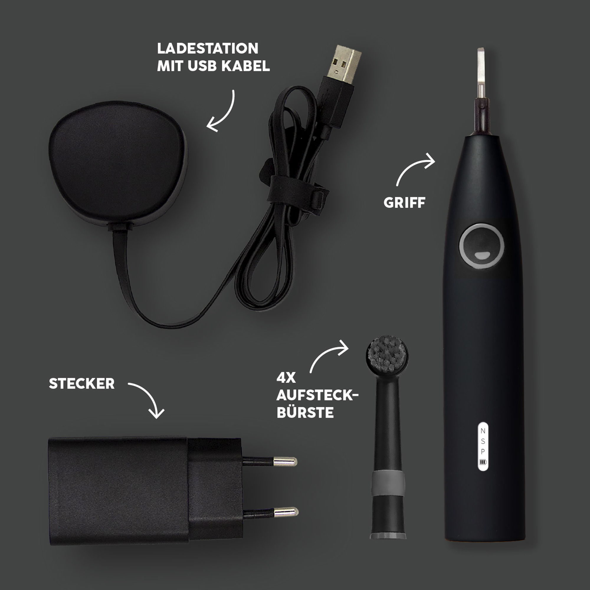 Schwarze elektrische Zahnbürste mit Ladestation, Kabel, Stecker und Bürstenköpfen, beschriftet auf Deutsch.