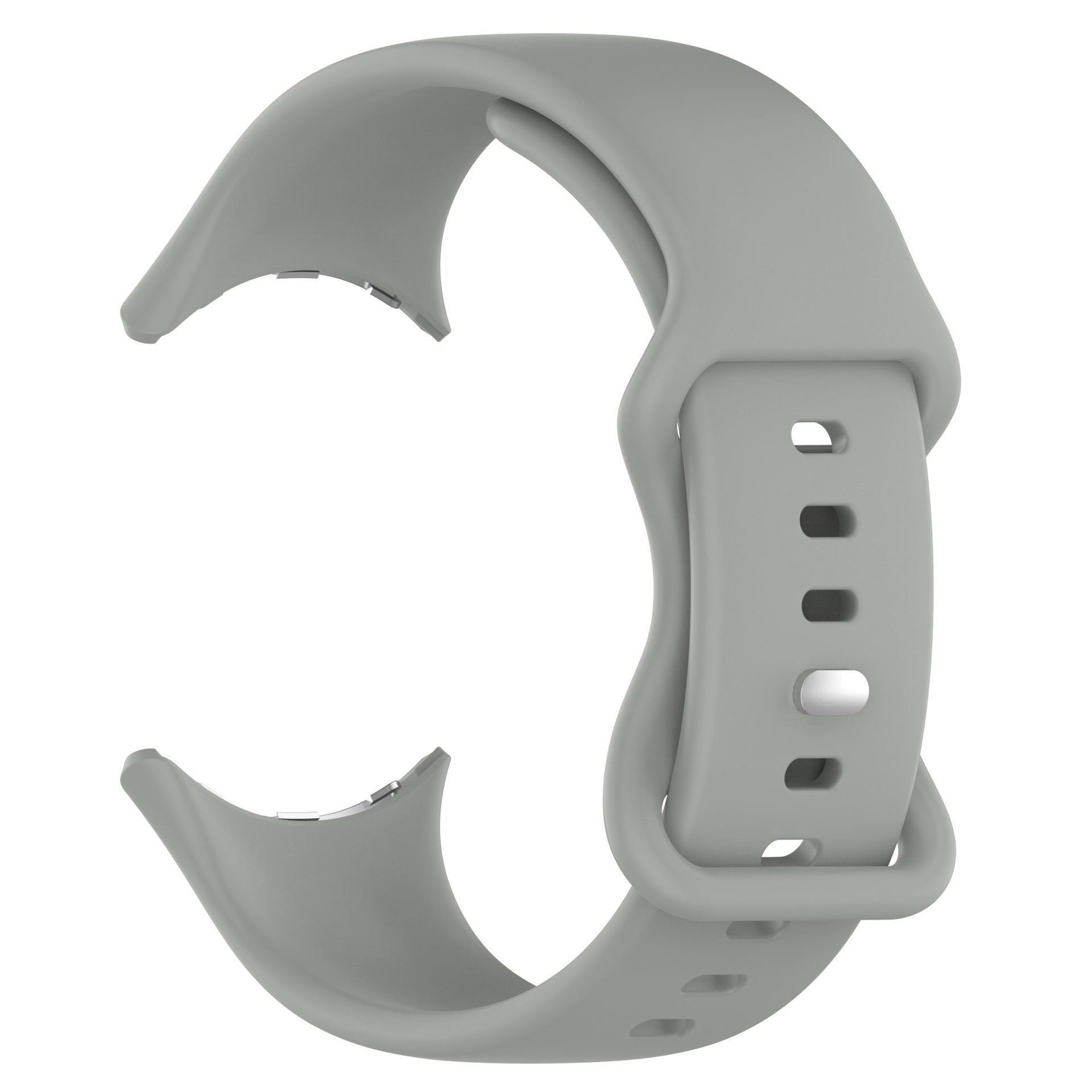 Graues Uhrenarmband. Das Band ist gebogen. Das Band hat Löcher. Auf weißem Hintergrund.