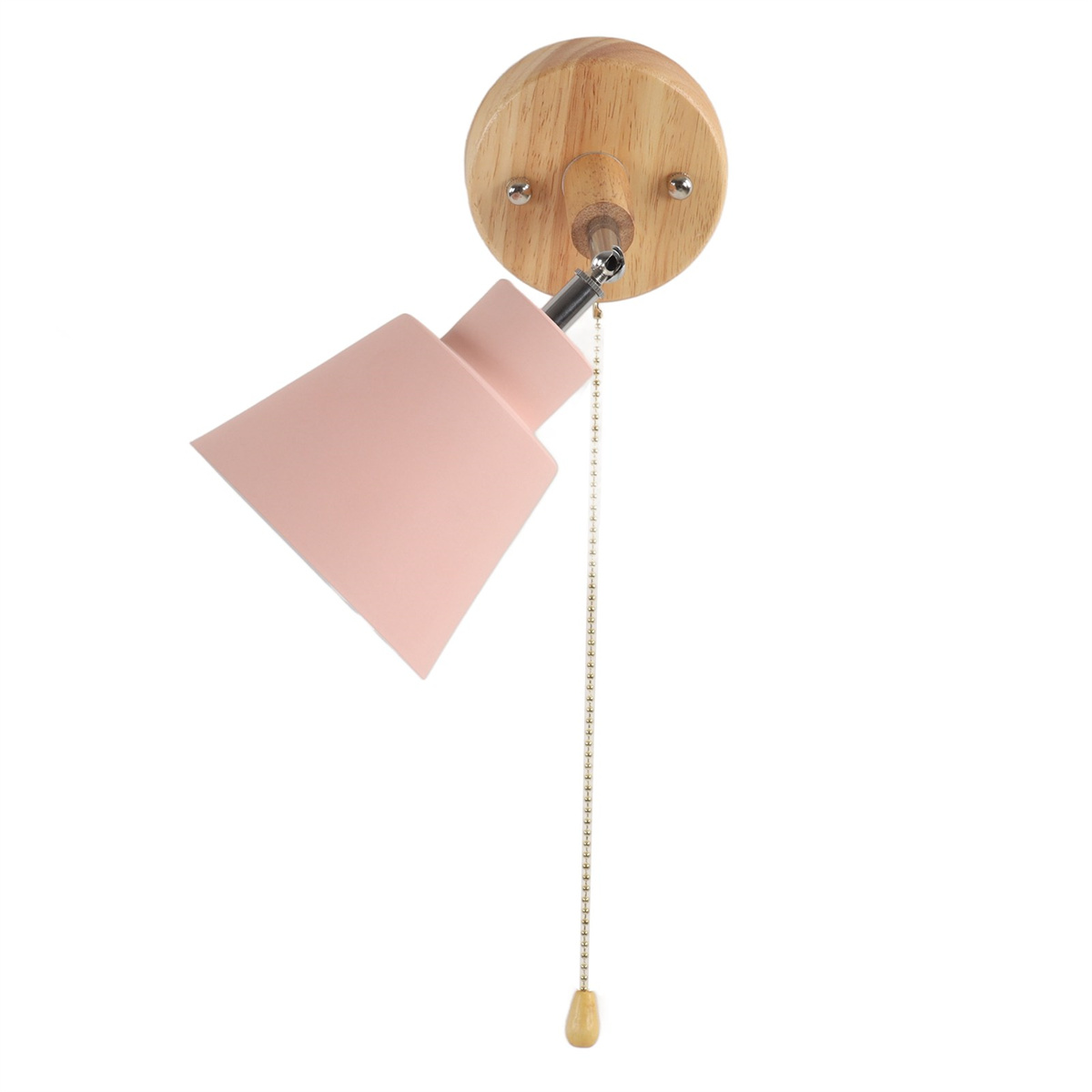 Rosa Lampe mit Holzsockel. Zugkette. Hintergrund: weiß.