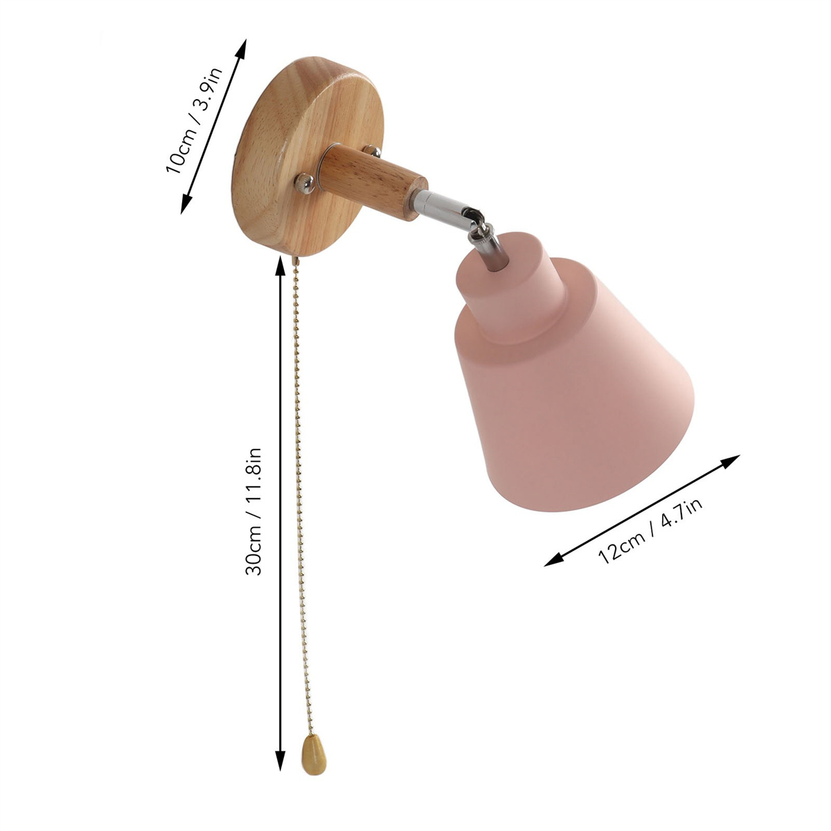 Rosa Wandlampe mit Holzsockel, rosafarbenem, konisch geformtem Schirm und hängender Zugkette mit Maßen.