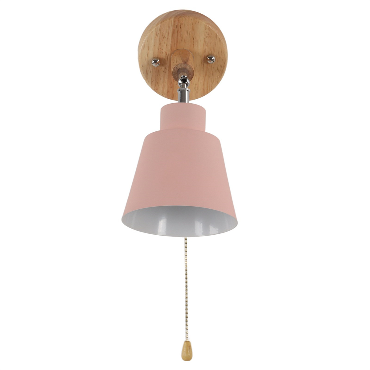 Rosafarbene Wandlampe mit Holzsockel und Aufhängeschnur.