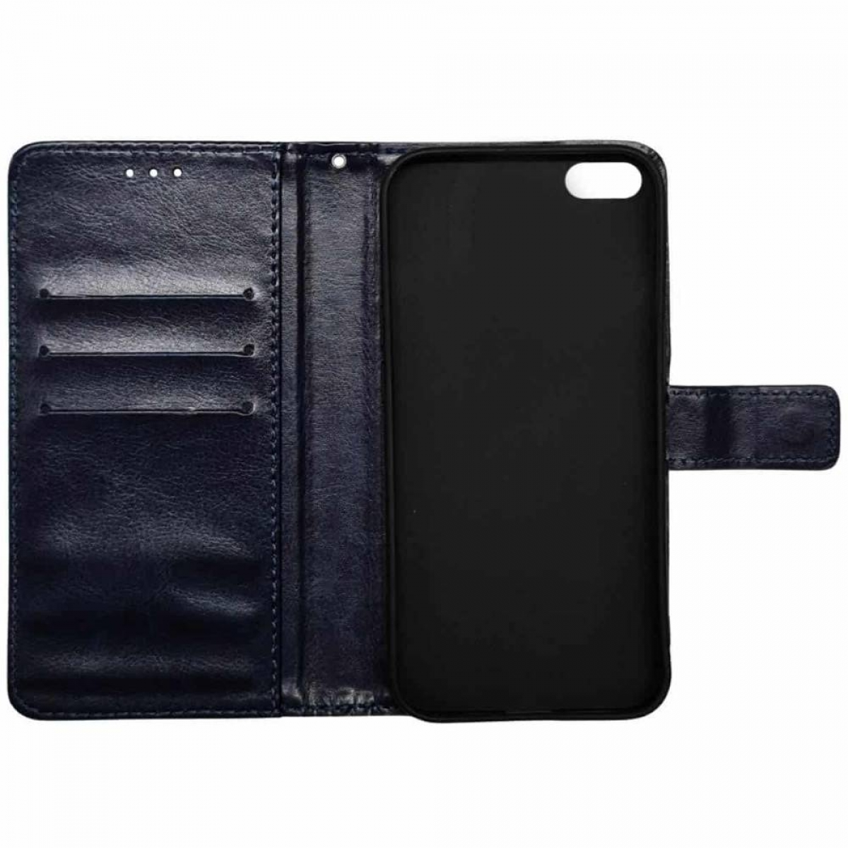 Offene blaue Leder-Handyhülle mit einem schwarzen Telefon darin und einem Magnetverschluss.
