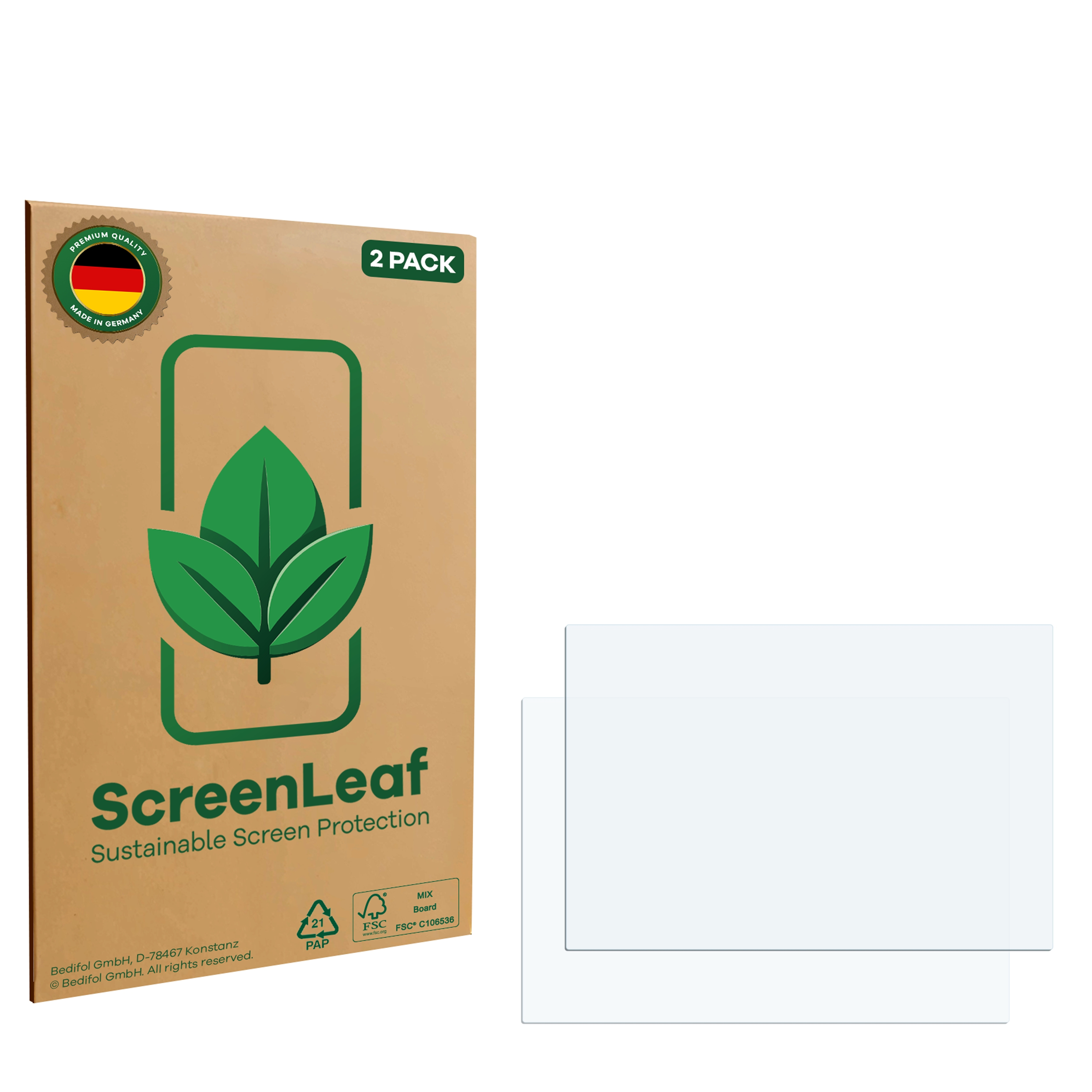 Eine Displayschutzfolien-Verpackung mit Blätter-Grafik und zwei klaren Schutzfolien daneben.