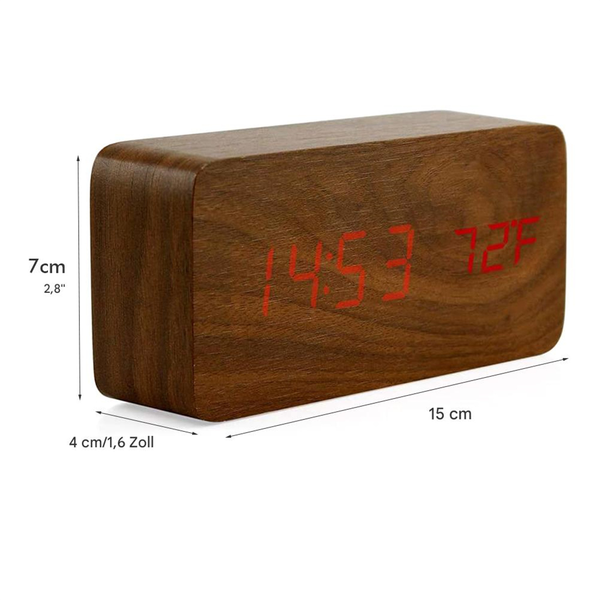 Eine digitale Holzuhr, die 14:53 und 72°F anzeigt. Abmessungen: 15 cm x 7 cm x 4 cm.
