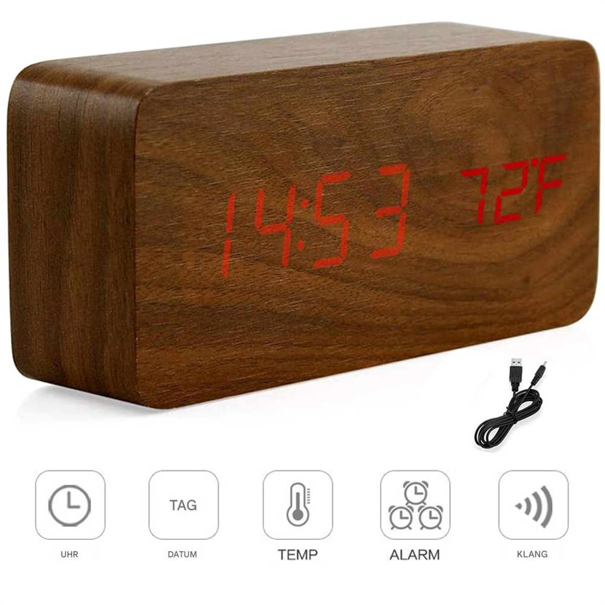 Eine hölzerne Digitaluhr zeigt 14:53 und 72°F an. Symbole für Zeit, Datum, Temp, Alarm und Ton.